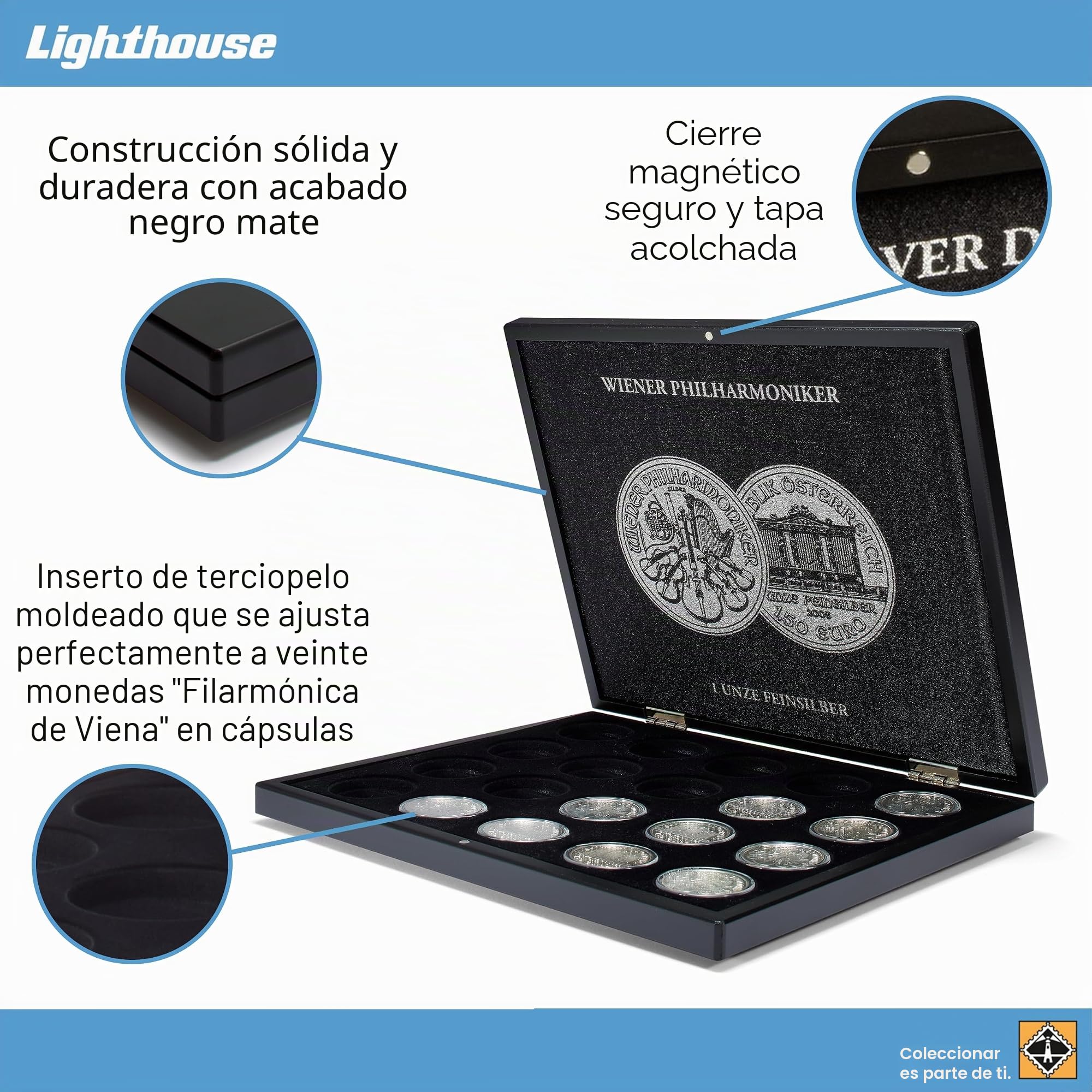 Leuchtturm 350448 Volterra Monedero para 20 onzas de Plata de la Filarmónica de Viena en cápsulas Monedero - 1 OZ. - Negro