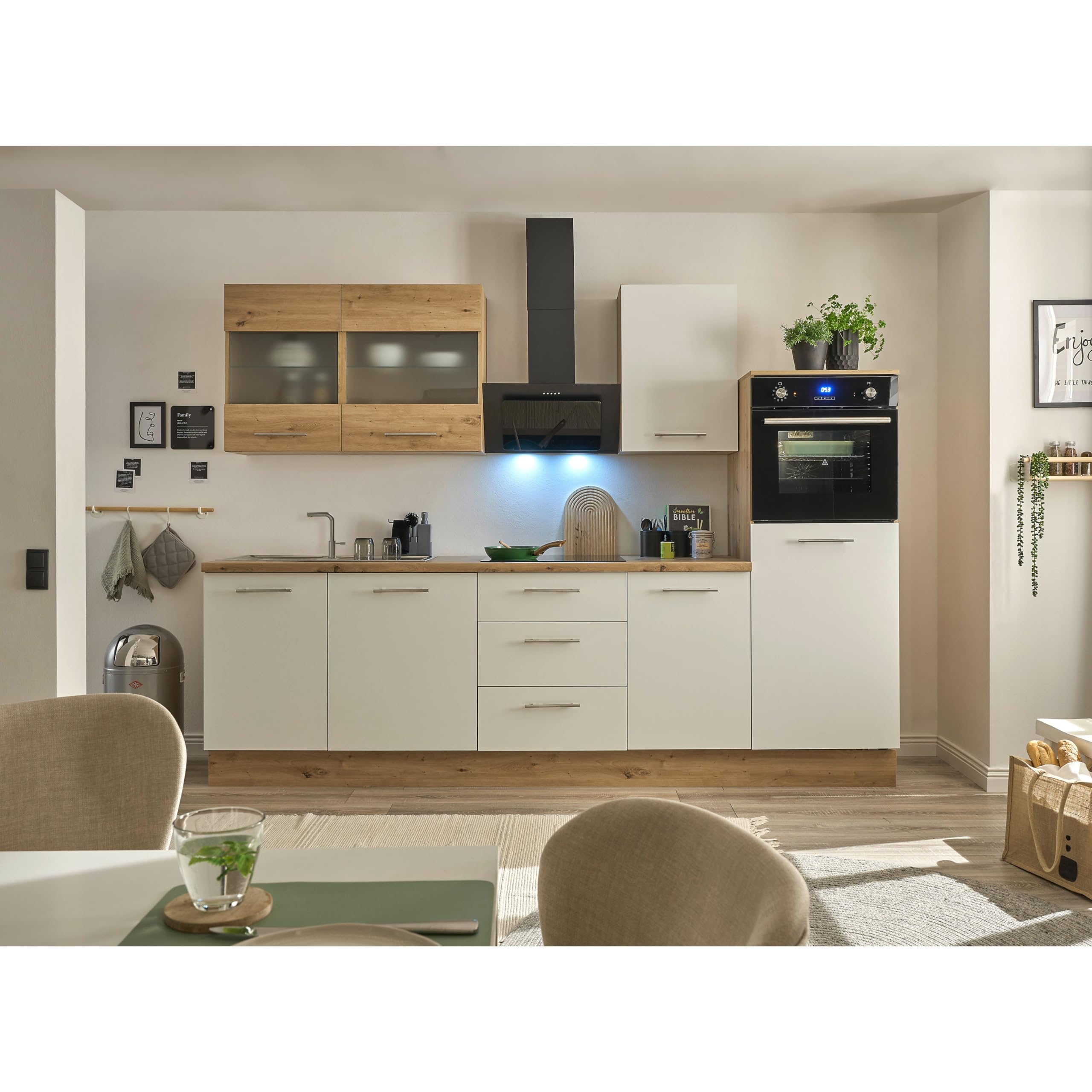 Capri Moderne Küchenzeile ohne Elektrogeräte in Weiß, Artisan Eiche Optik FSC-Zertifiziert - Geräumige Einbauküche mit viel Stauraum - 280 x 168 x 58 cm (B/H/T)