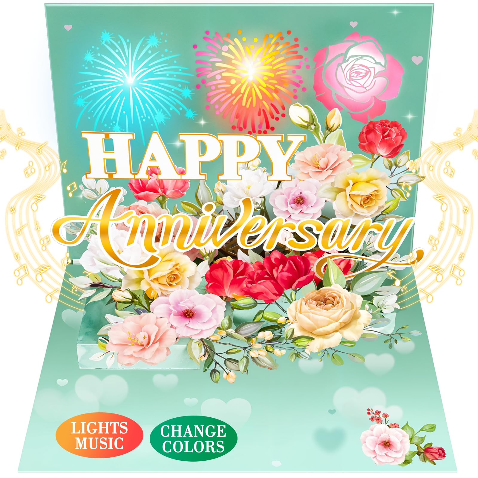 Anniversary Card, Music & Light Pop up Valentine's Card with Fireworks Flowers Gifts for Him Her Husband Wife Couple (Green)
