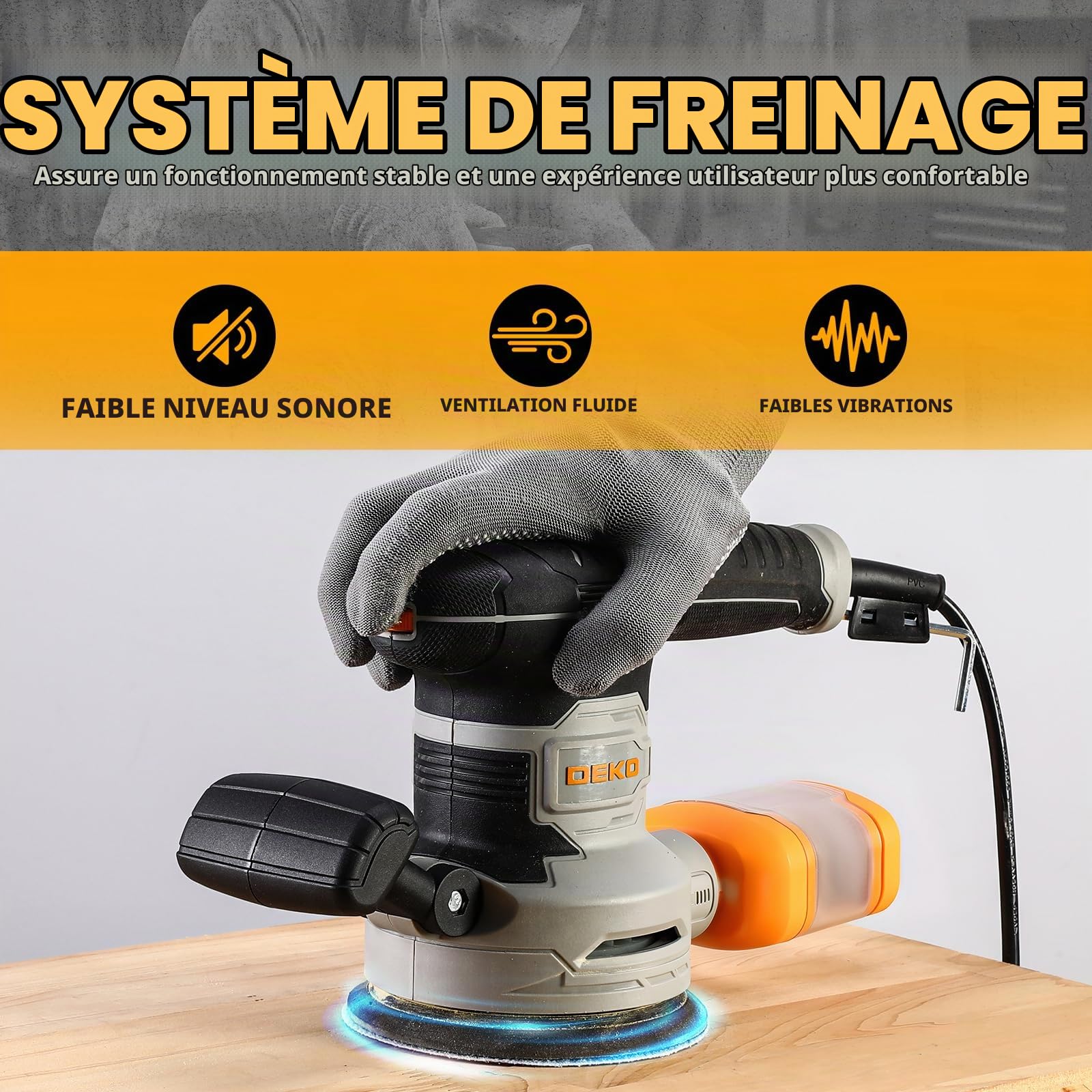 DEKOPRO Ponceuse Excentrique 450W φ125mm: Ponceuse Orbitale 14000RPM, avec 16 Pièces Papier Abrasif, Collecteur de Poussière, pour Bois, Acier, Polissage de Précision