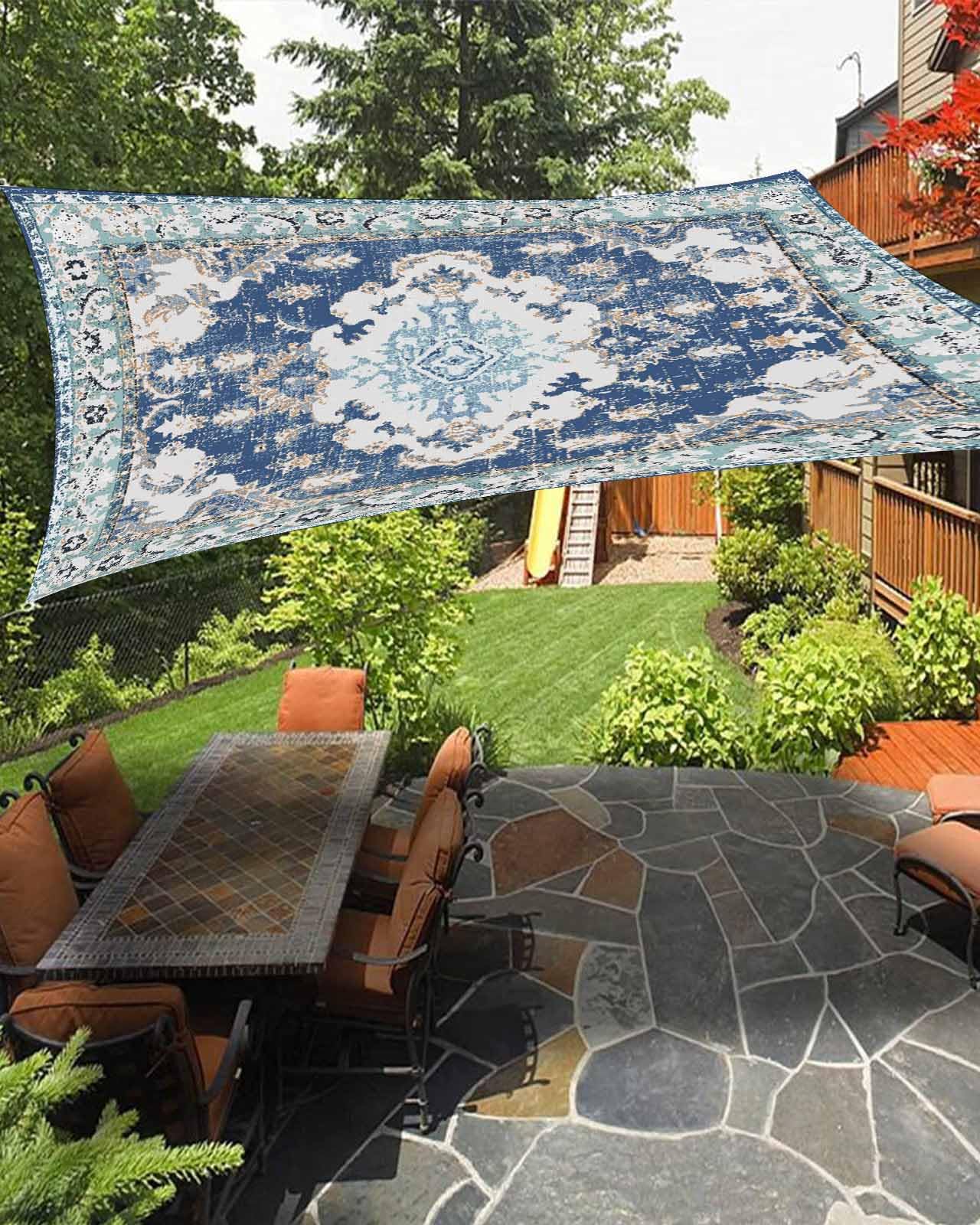 Boanket Sun Shade Sail 8' x 10', Blue Boho Rectangular Waterproof Outdoor Sun Shades, Southwestern Vintage Geometric Art Shade Cloth for Patio Deck Terrace Garden Lawns Beach Backyard