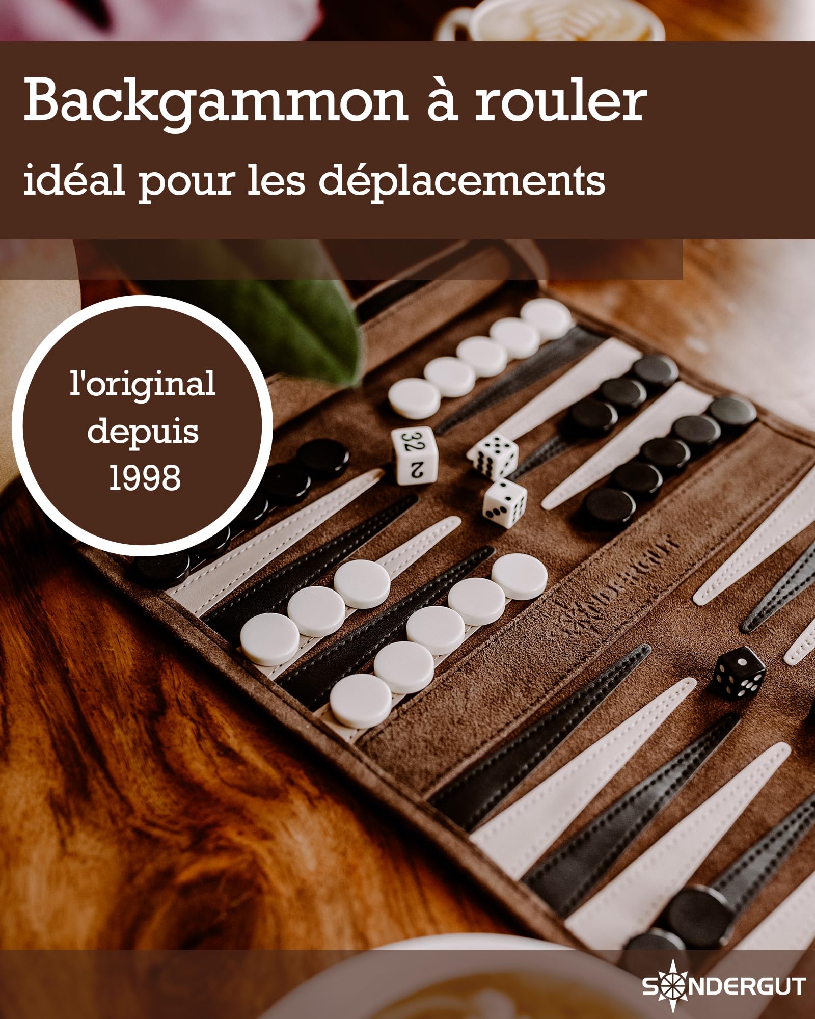 SONDERGUT- Backgammon - Backgammon en Cuir véritable - Backgammon de Voyage (Moka) (Moka)
