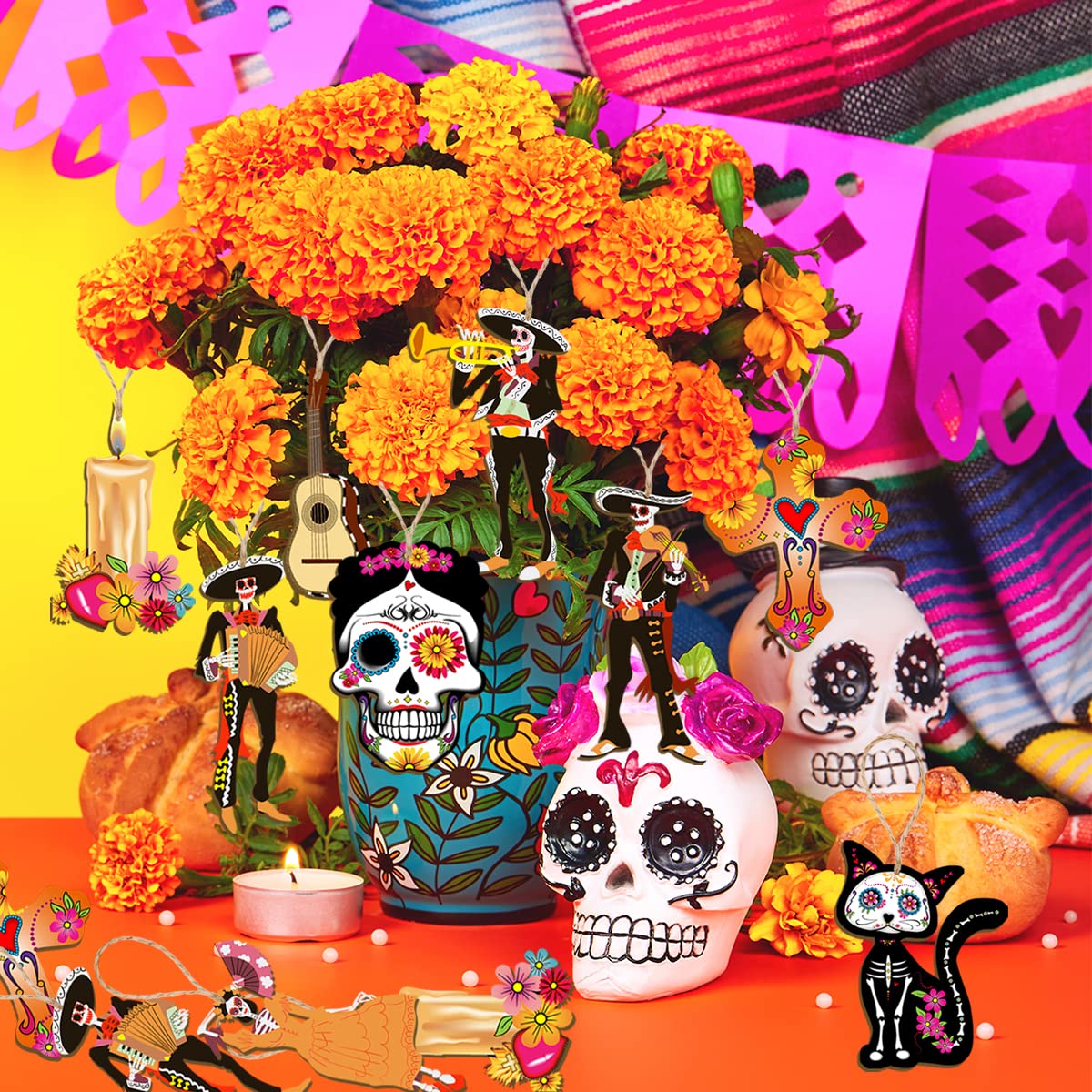 Décorations Dia De Los Muertos - Lot De 8 Pendentes Tête De Mort à Suspendre Pour Fête Halloween - 6