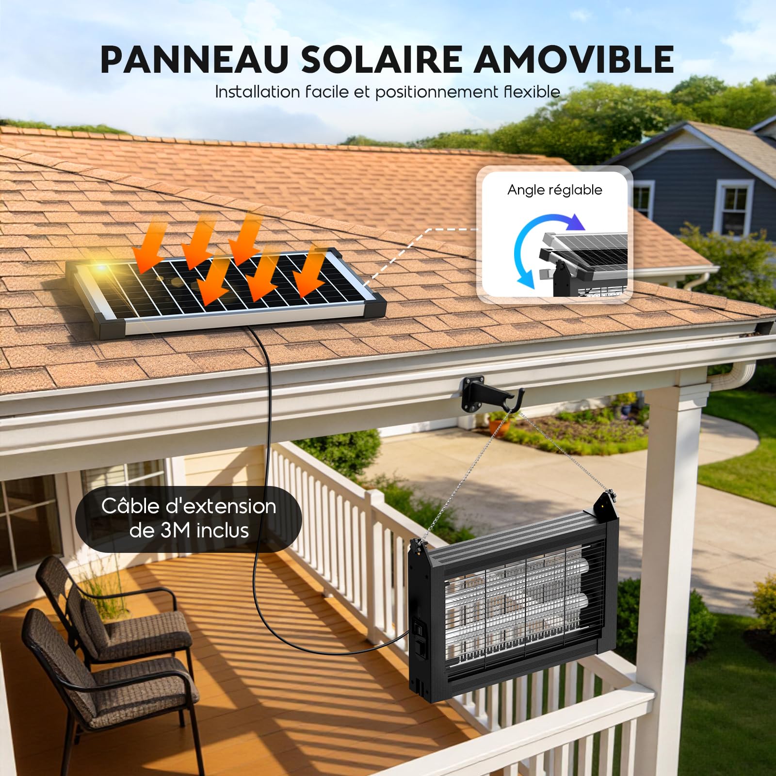 Lampe Anti-Moustique Solaire d’Extérieur, 4500V, IPX5 Étanche, Rechargeable USB-C, Batterie 4000mAh, Tue-Moustique sans Fil avec Piquet pour Jardin, Pelouse, Terrasse, Camping