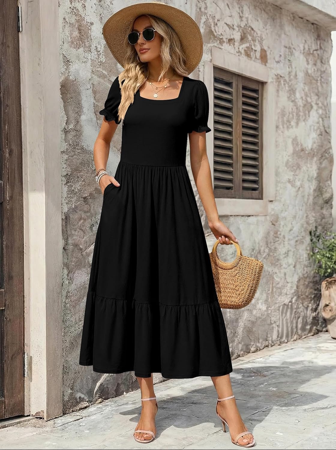 Zeagoo Summer Dresses for Women Flowy Casual Midi Dress Short Sleeve Tiered Dress Beach Vacation Sundresses with Pockets - Image 4
