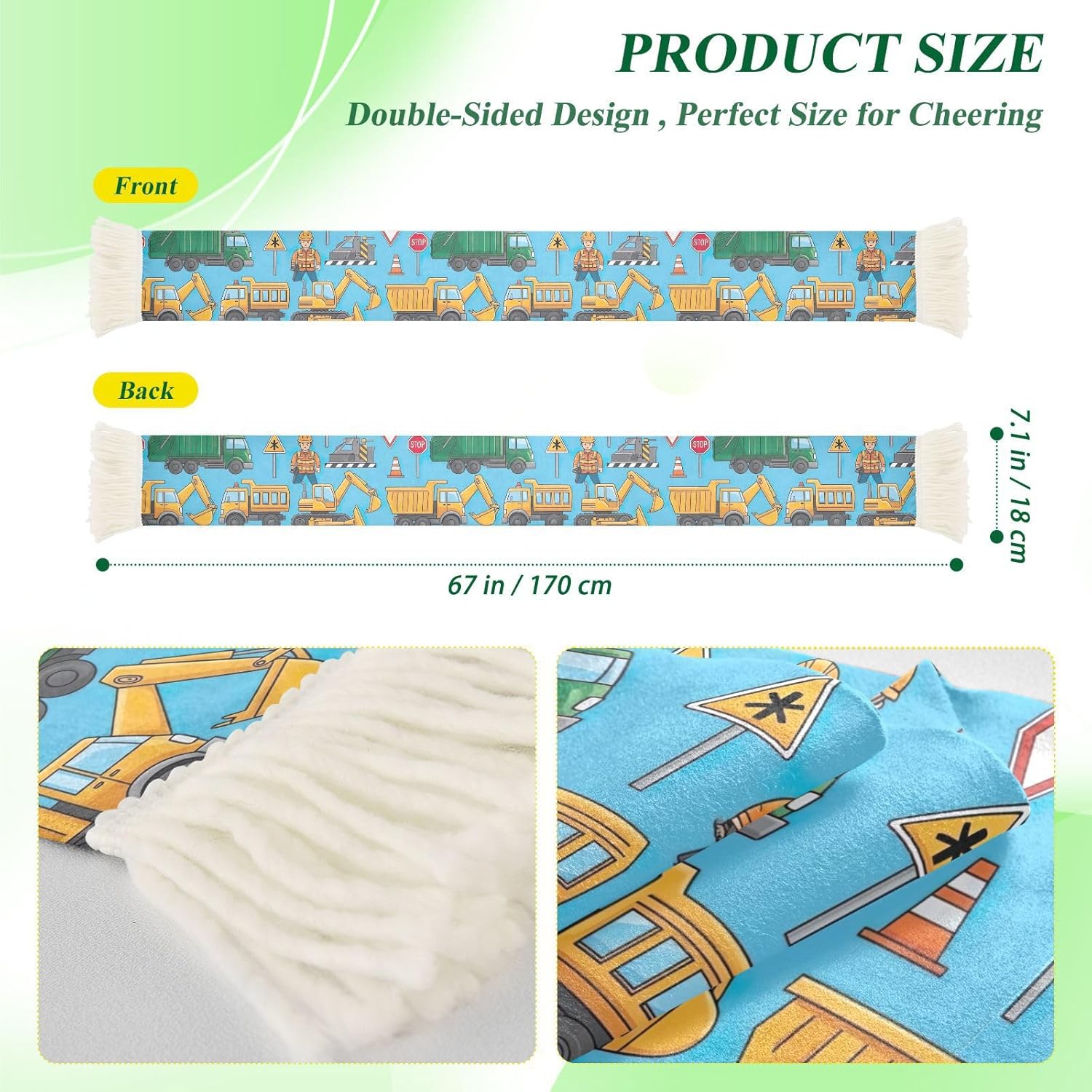 CHIFIGNO Cartoon Construction Vehicles Blue Sports Fan Scarf, Soft Polyester Cheering Towel for Soccer Games, Quick Dry Sweat Absorbing Rally Scarf