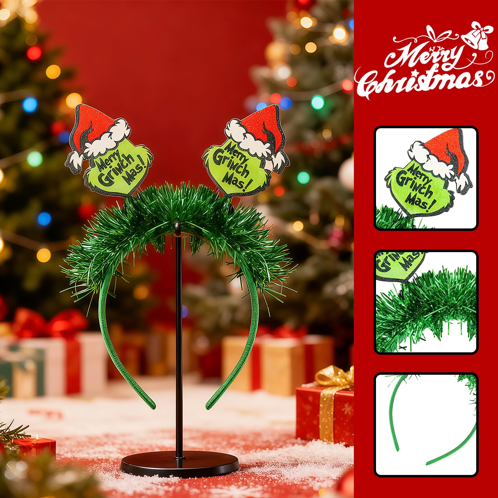 Lezevn Green Monster Head Bopper Headband Xmas Glittery Hair Band Christmas with Springy Faces Cartoon Green Classic Decorations for Winter Holiday Accessory - Image 3