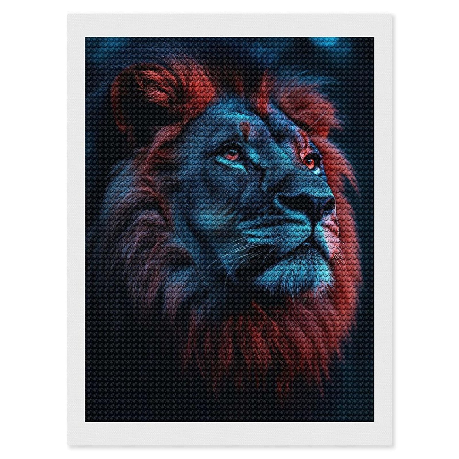 Junmoney Lion Portrait with Red and Blue Lighting Diamond Painting Set 12"x16", Full Kit Included, Sparkling Round Gems, Farmhouse Decor, Festive Craft Gift