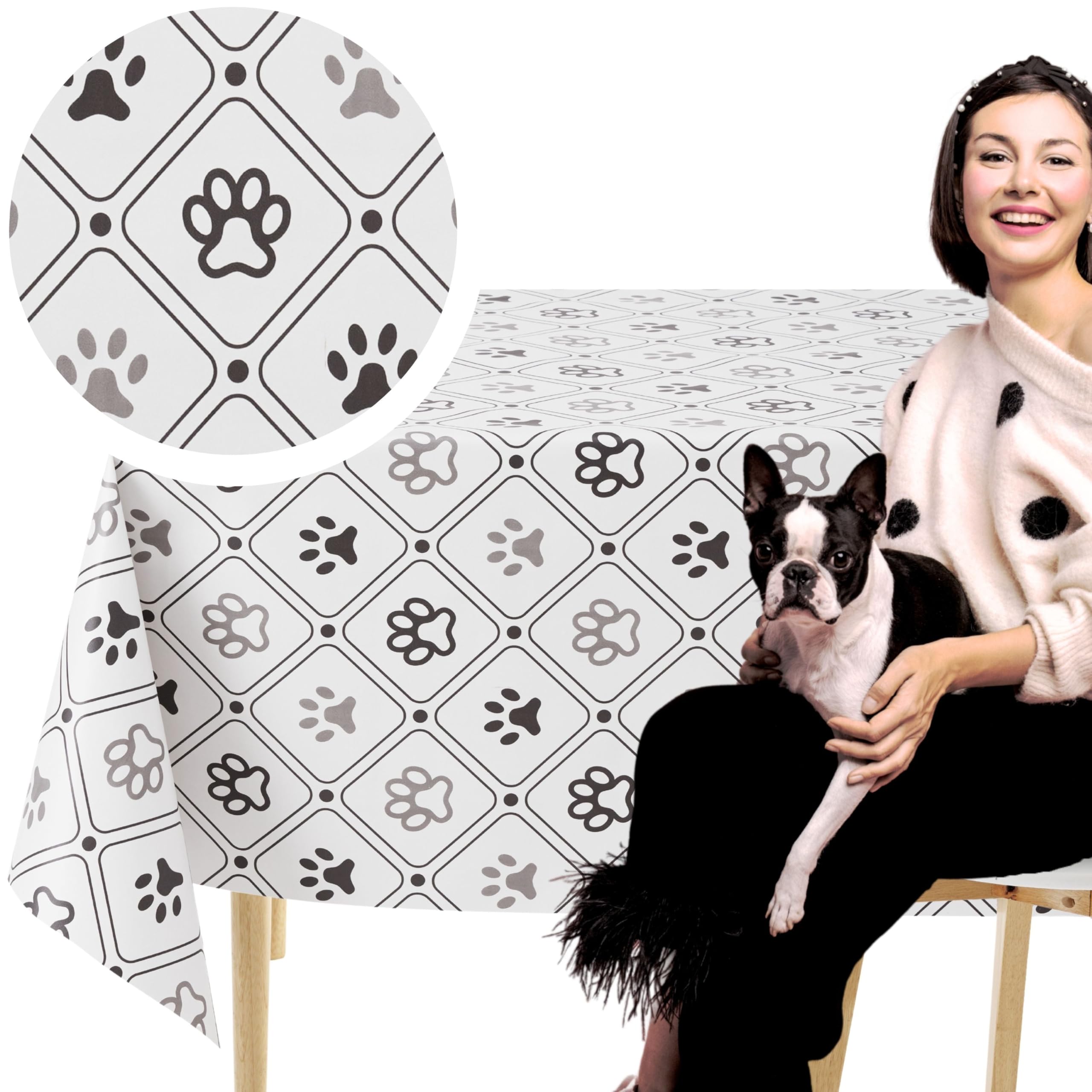 KP HOME Grey PVC Table Cloth Wipe Clean Plastic Table Cover with Dog Paw Print - Rectangular 78.7"x 53.9" - 200x137cm Outdoor Wipeable Tablecloth Oilcloth Waterproof Vinyl 6 Seat Wax Patchwork
