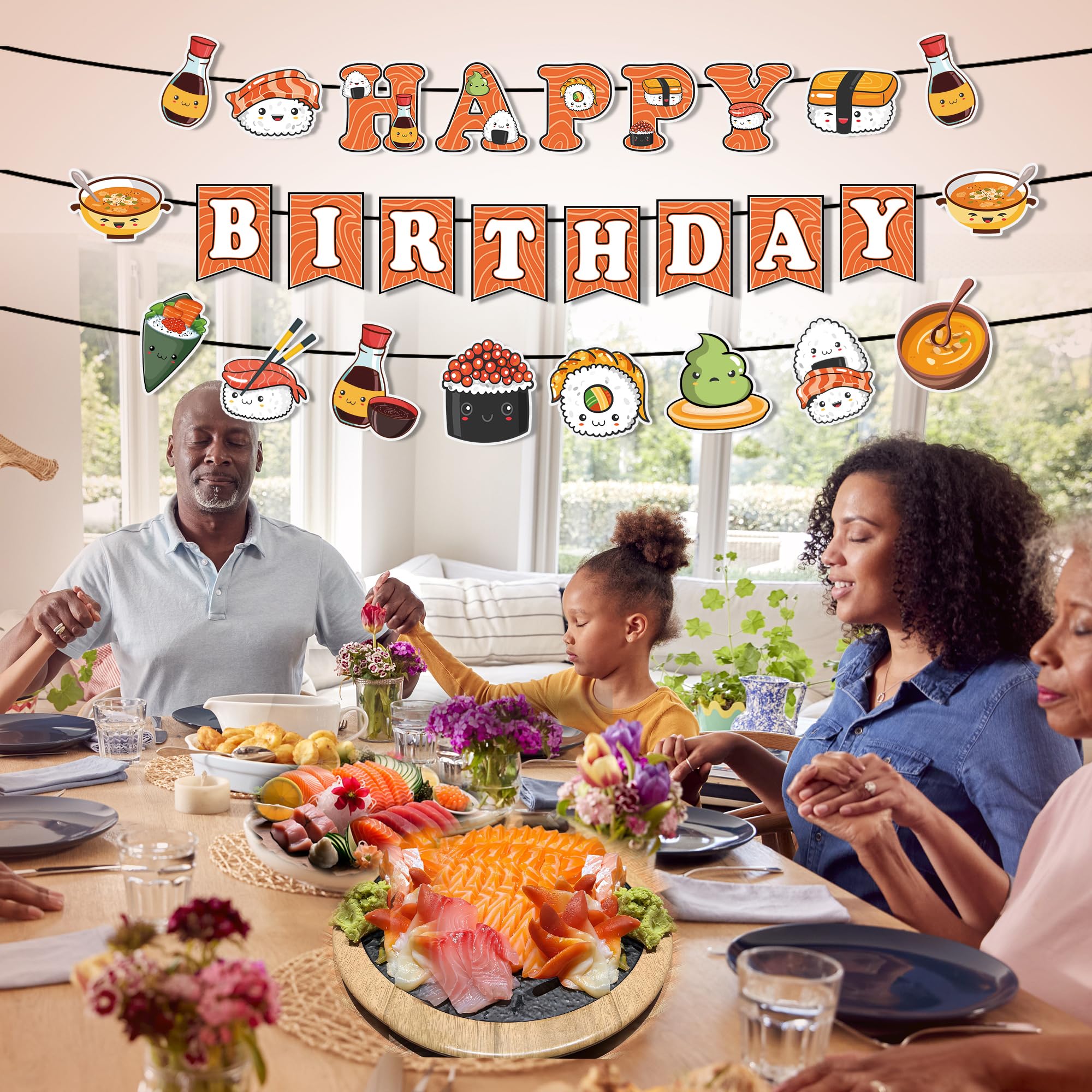 Pancartas de sushi con texto en inglés «Happy Birthday» – 3 unidades de guirnaldas de sushi japonesas, decoraciones de fiesta de sushi japonés, suministros para fiestas de cumpleaños con temática de 6