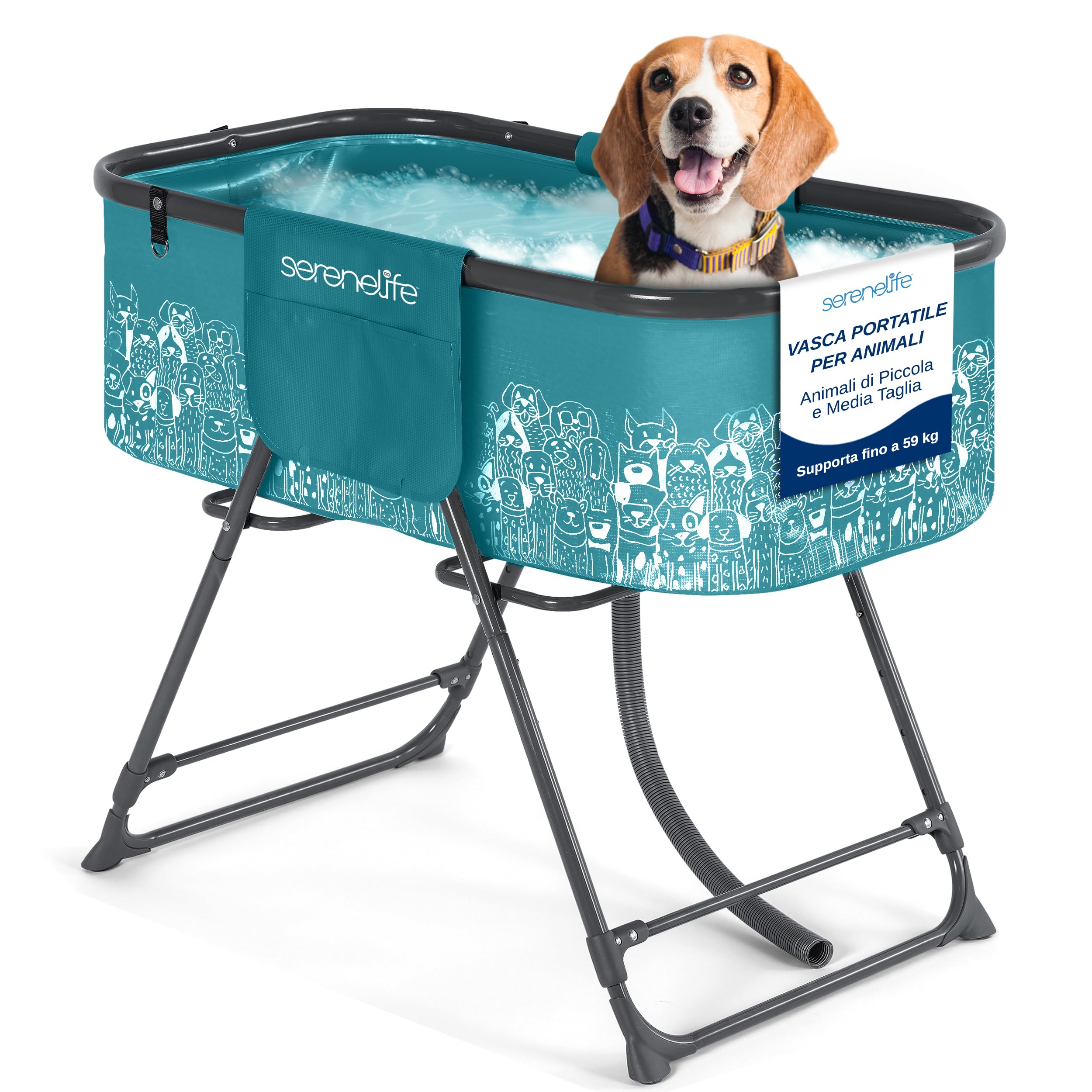 SereneLife Vasca da Bagno Pieghevole per Cani da Interno ed Esterno, Altezza Regolabile 86 cm, Tubo di Scarico e Tasche Portaoggetti, Accessori per Cani, Adatta Anche ad Altri Animali