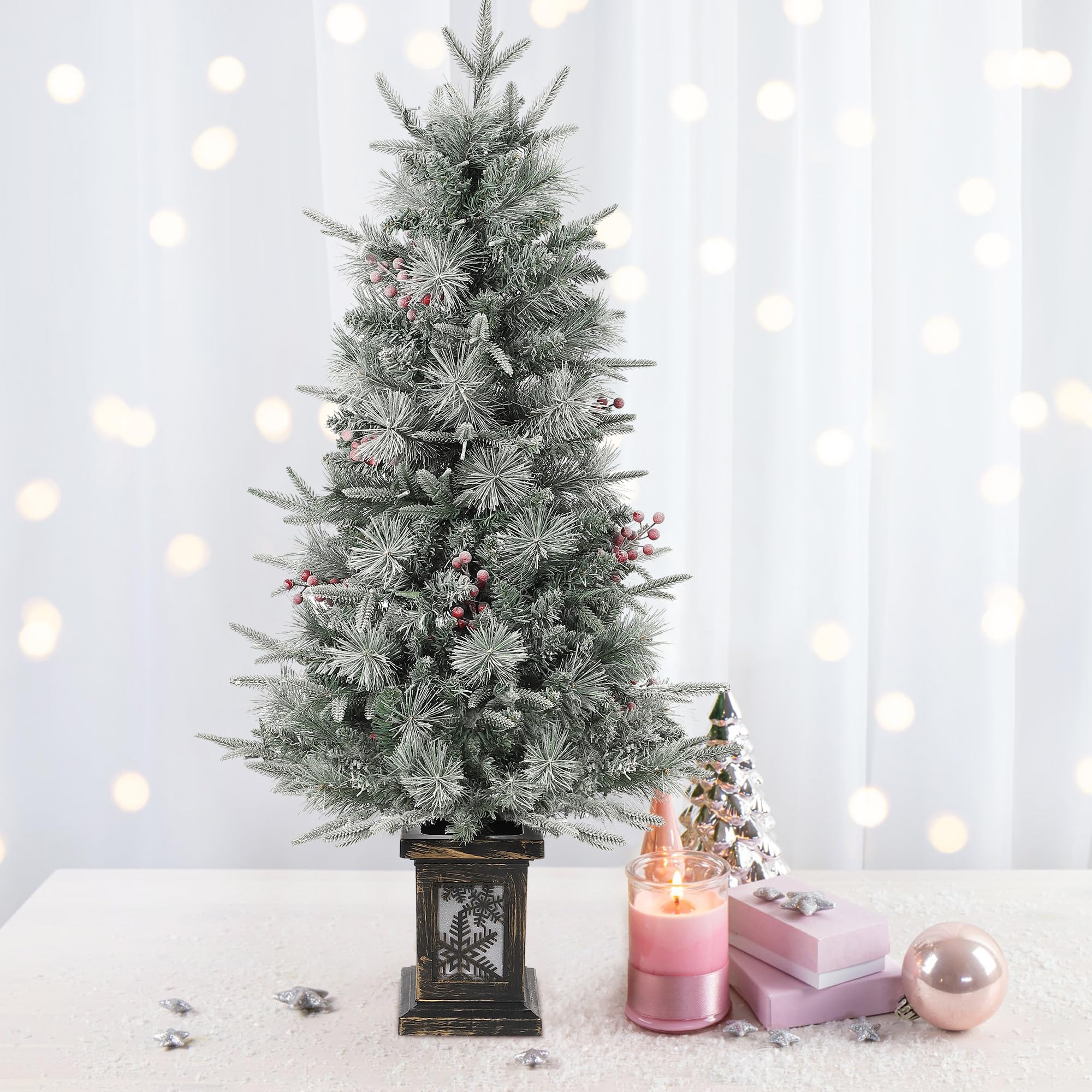 Künstlicher Weihnachtsbaum 125cm – 150 LEDs (Warmweiß & Mehrfarbig), 9 Modi, Schnee-Effekt, PVC Zweige, klassisch Schneeflocken-Leuchtbasis – Perfekte Deko für Haus & Büro – 4ftH Frost Tree