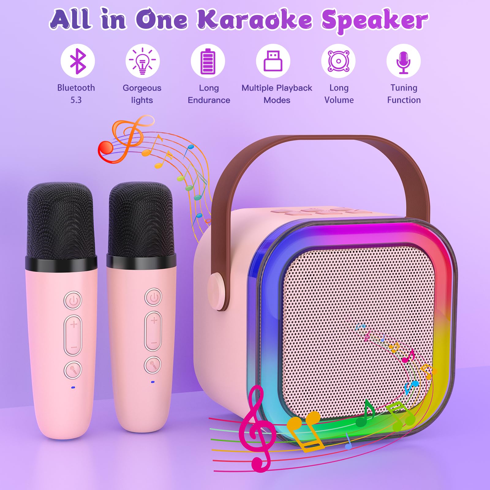 Mini máquina de karaoke para niños, altavoz Bluetooth portátil  con 2 micrófonos inalámbricos y luces LED de color, regalos de cumpleaños de Navidad, juguetes para niñas, niños y amigos de 3 a 3