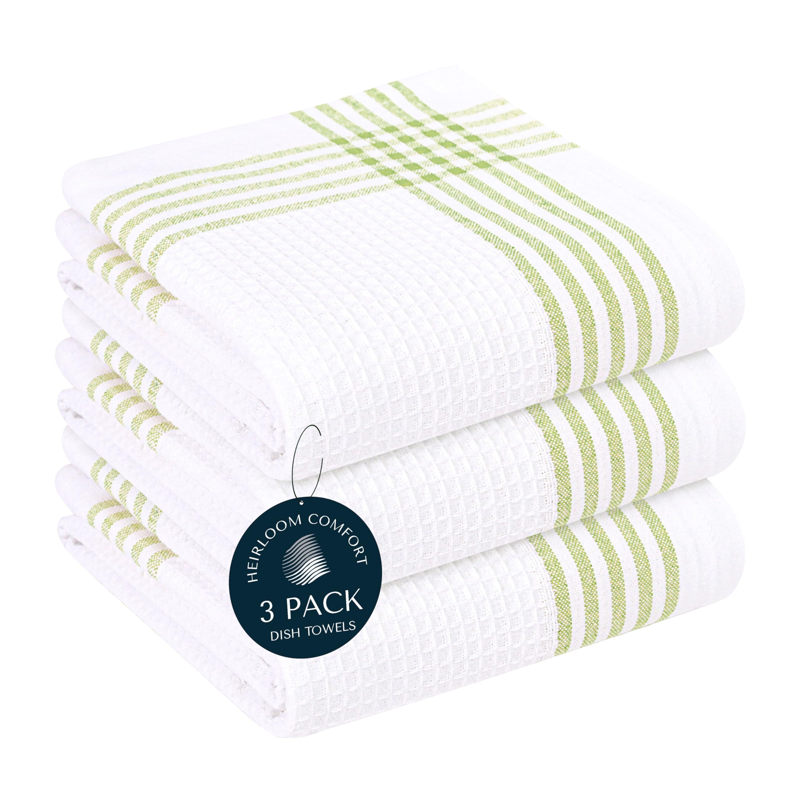 HEIRLOOM COMFORT Lemon Green and White Waffle Kitchen Towels 3 Pack, 100% Cotton, 40x66 cm, Super Absorbent, Reusable Fast Drying Dish Towels for Cleaning, Washing, Drying Dishes, Kitchen