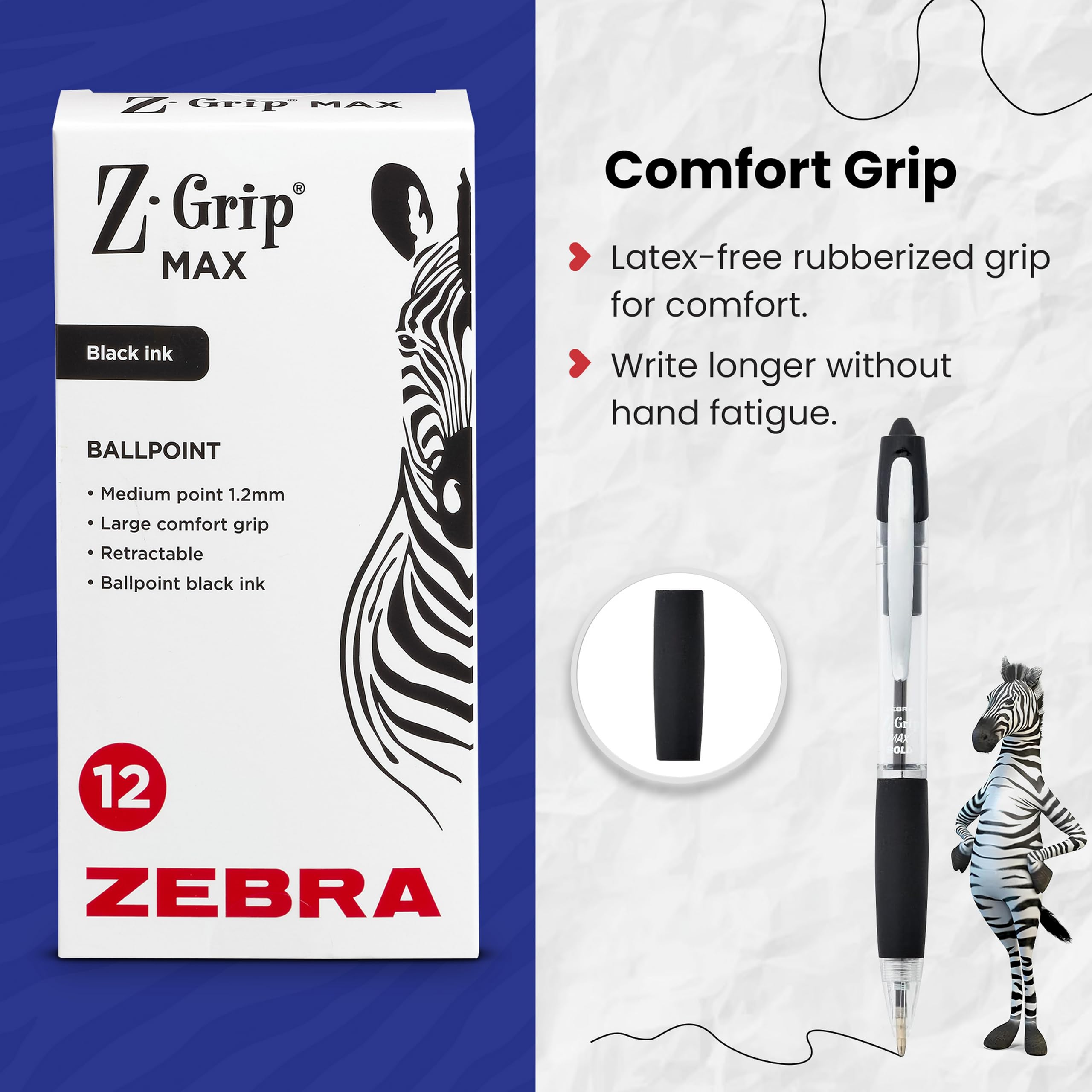 Zebra Pen Z-Grip MAX Black Ballpoint Pens 12pk, 1.2mm Medium Point Retractable Ink Pens with Clip - Image 3