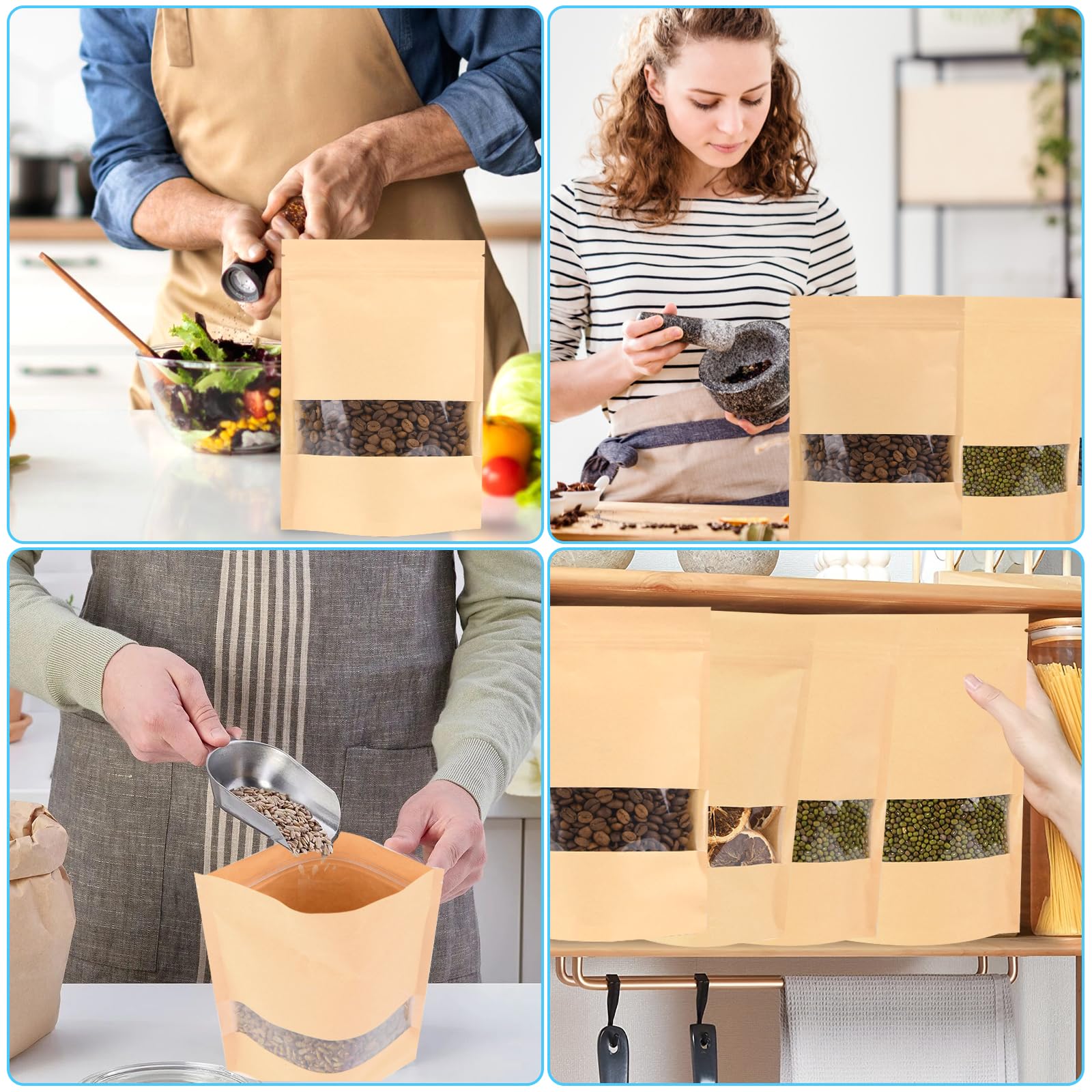 Bolsas de Papel Kraft Con Ventana 200 Unidades, Bolsas de Embalaje 20x30 cm, Bolsas de Papel Para Frutos Secos, Dulces, Granos de Café, Hojas de Té