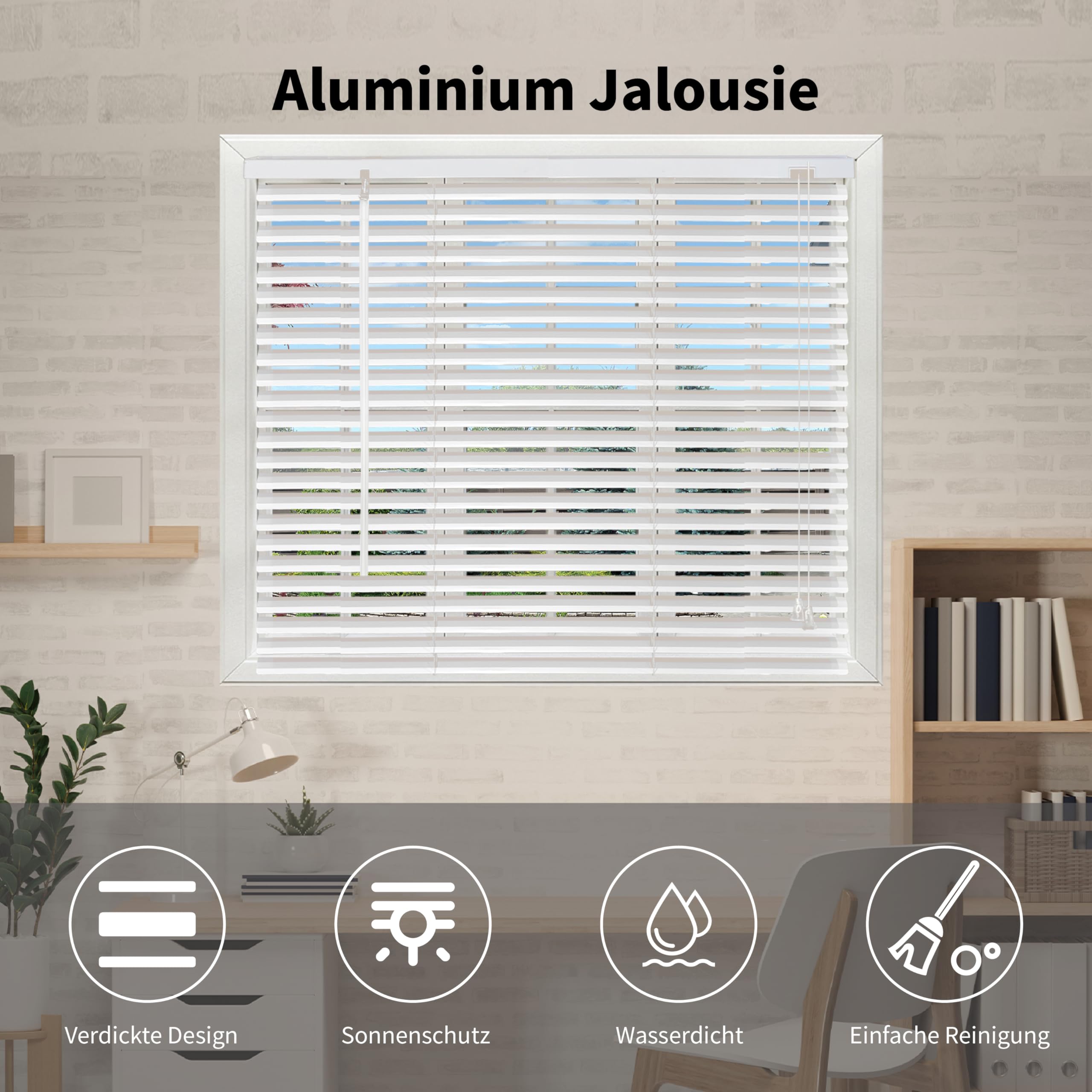 Aluminium Jalousie 120 x 220 cm, mit Klemmträgern, Jalousie ohne Bohren, Sichtschutz, Sonnenschutz, Aluminium Jalousie für Fenster und Türen, Weiße.