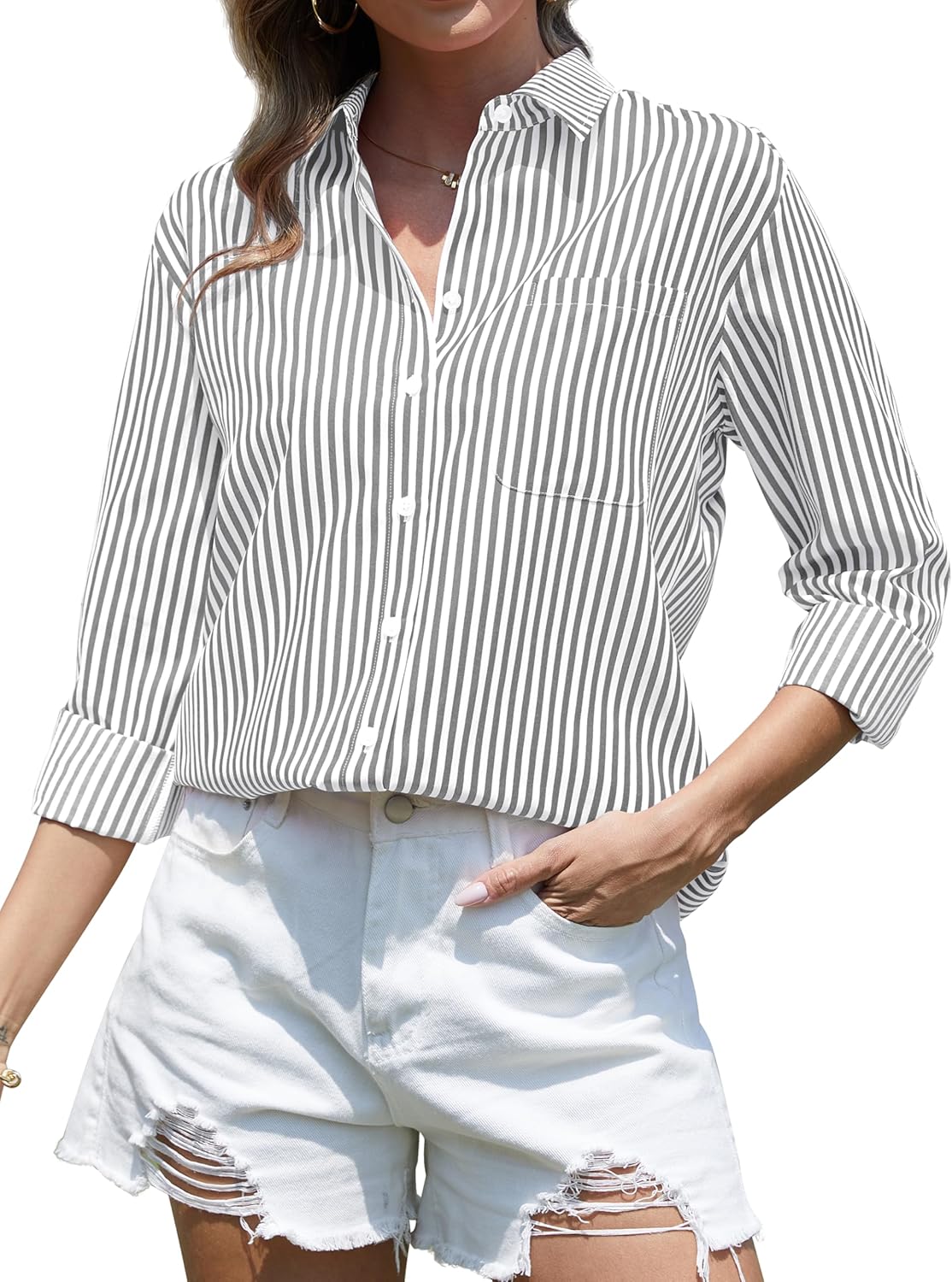 CUNLIN Grade 4 Wrinkle-Resistant Women's Button Down Shirts Striped Long Sleeve Collared Blouses Tops with Pocket