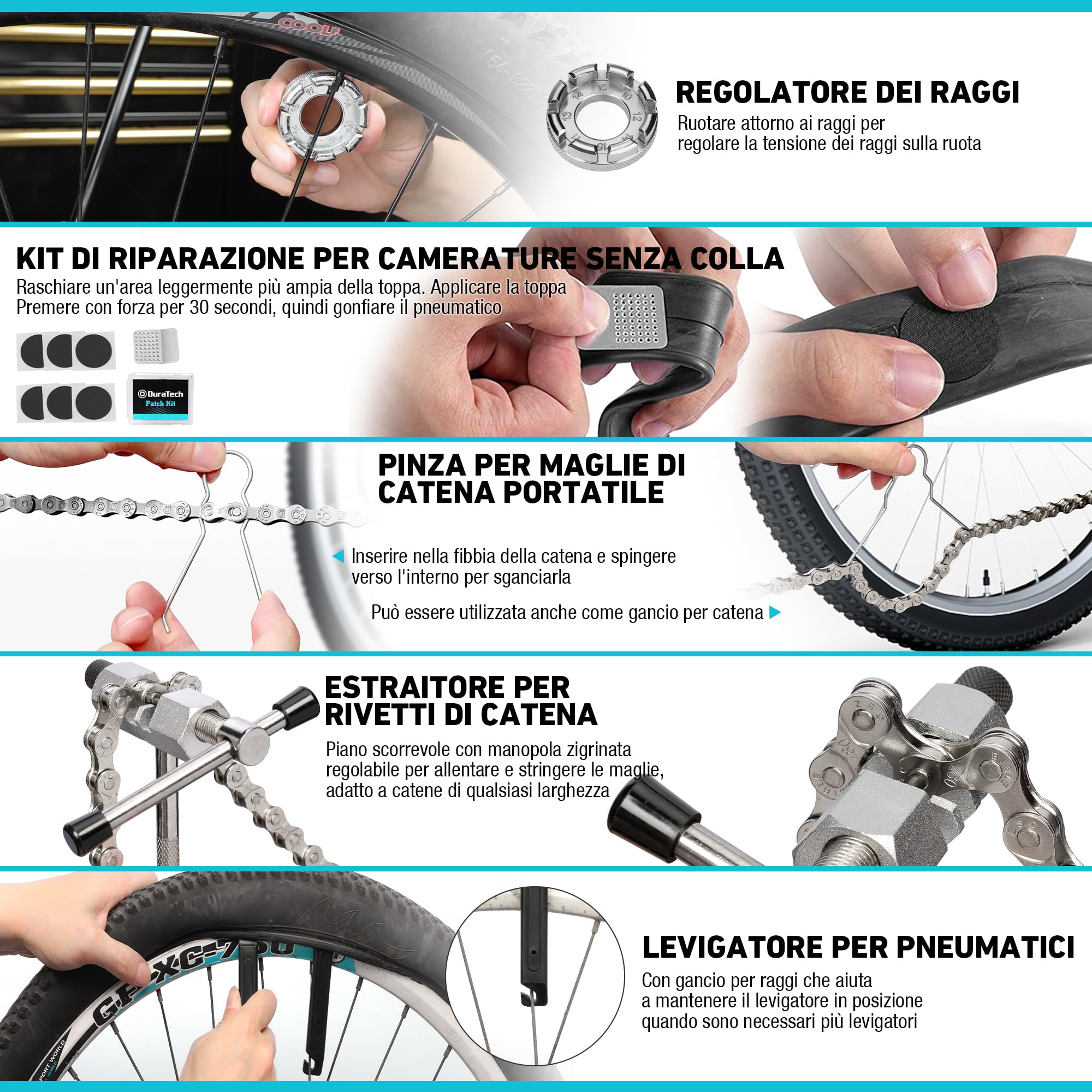 DuraTech Kit Riparazione Biciclette 31 Pezzi con Custodia, Set Attrezzi Completo per Catene, Pneumatici e Manutenzione Bicicletta Domestica