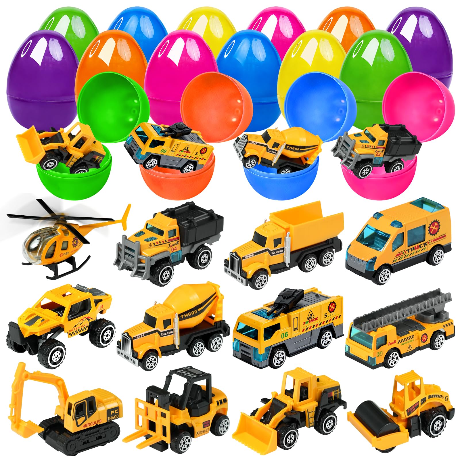 Photo 1 of 12 Pcs Prefilled Easter Eggs with Mini Alloy Construction Vehicles for Kids Push and Go Die-cast Engineering Vehicles Easter Basket Stuffers Egg Hunt Party Favors Classroom Prizes for Boys