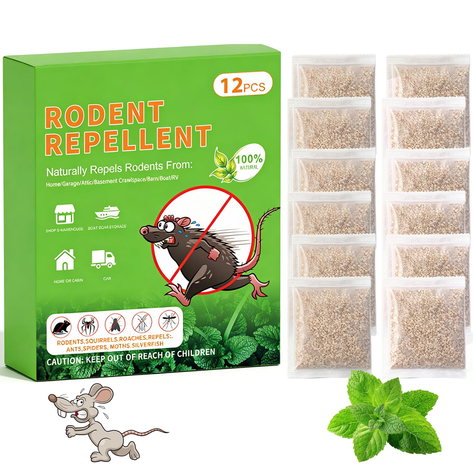 SZDM Mice Repellent 12 Pack Natural Bags, Rat Deterrent Outdoor with Peppermint Oil & Lemon Extract, Mouse Deterrent Long-Lasting Scent, for Home Garage Garden Shed