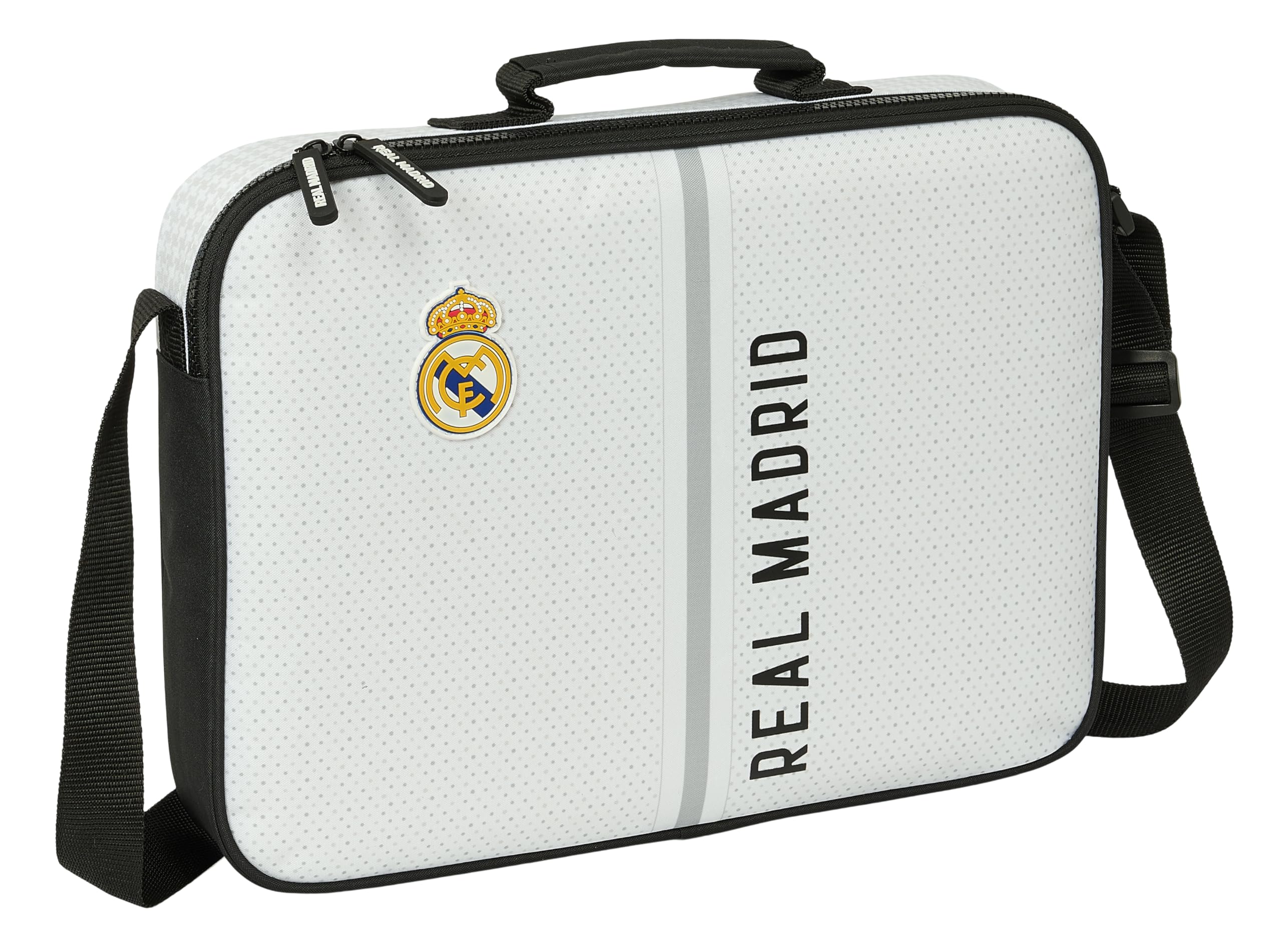 Safta REAL MADRID 1ª EQUIPACIÓN 24/25 - Cartera Extraescolares, Maletín Portatodo, Bandolera, Cómoda y Versátil, Calidad y Resistencia, 38x6x28 cm, Color Blanco/gris