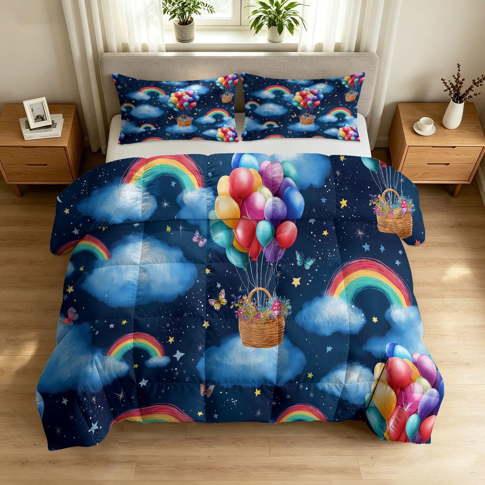 Piumino 135 x 200 cm, 4 stagioni, motivo nuvola arcobaleno, caldo, delicato sulla pelle, per tutto l'anno, 135 x 200 cm, con cartoni animati, senza rivestimento, lavabile, con 2 federe da 80 x 80 cm