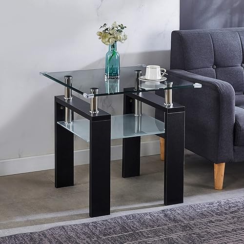 Miniatura 14 de Goujxcy Moderna mesa auxiliar cuadrada de vidrio para sofá con vidrio templado, mesa auxiliar de 2 niveles, mesita de noche, mesita de noche, mesa