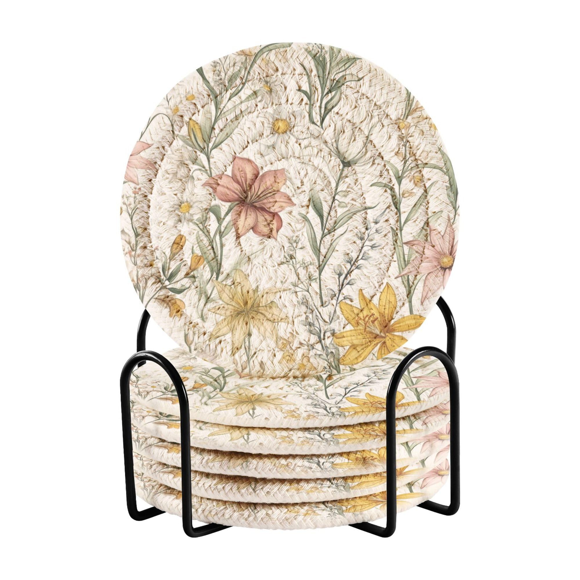 Spring Flowers Lily White Cotton Rope Absorbent Drink Coasters and Holder Set of 6 Cotton Coasters