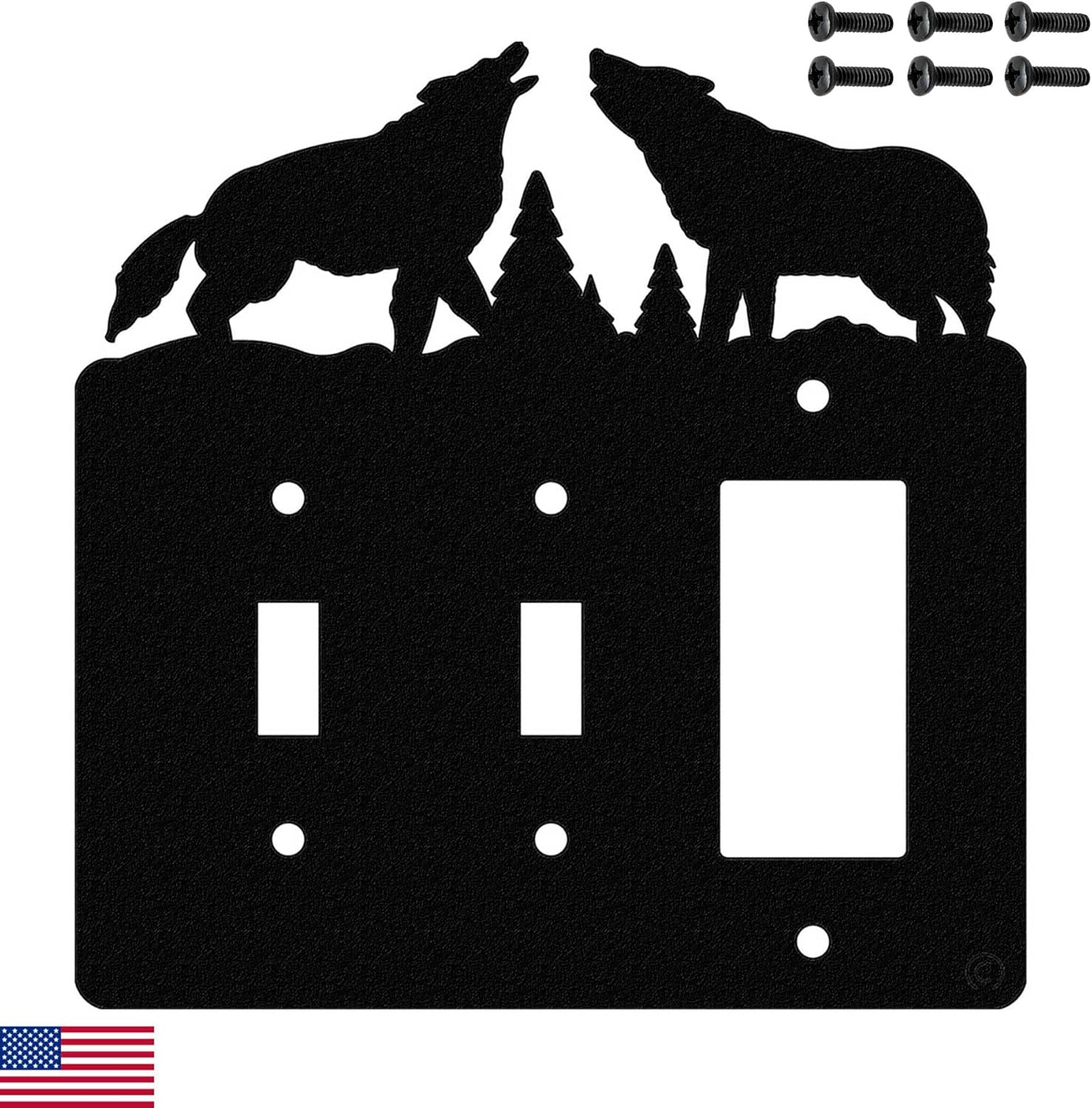 Howling Wolves Double Toggle Light Switch & Single Gang (Rocker-GFCI) Wall Plate (Double Toggle with GFCI (Rocker), Black) - MADE IN USA