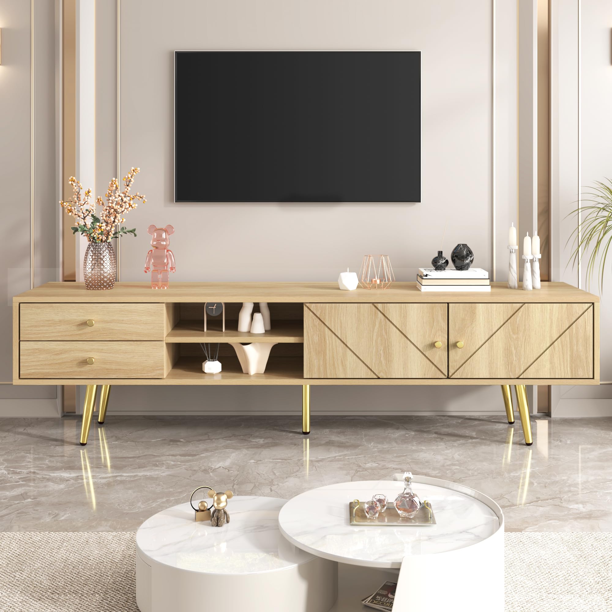 BTM Meuble TV 160 cm avec Pieds dorés - Meuble TV Moderne avec 2 tiroirs et 2 Portes - Durable - Grand Espace de Rangement, Bois - 160x36x42 cm