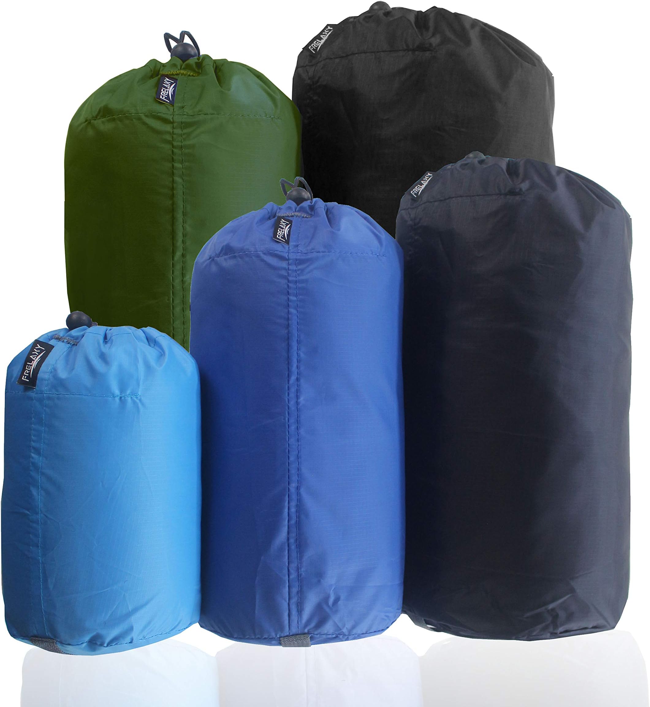 Frelaxy Stuff Sack Set 5-Pack (3L&5L&9L&15L&20L), Ultralight Ditty Bags with Dust Flap for Traveling Hiking Backpacking (Sky Blue&Blue&Navy&Army Green&Black)
