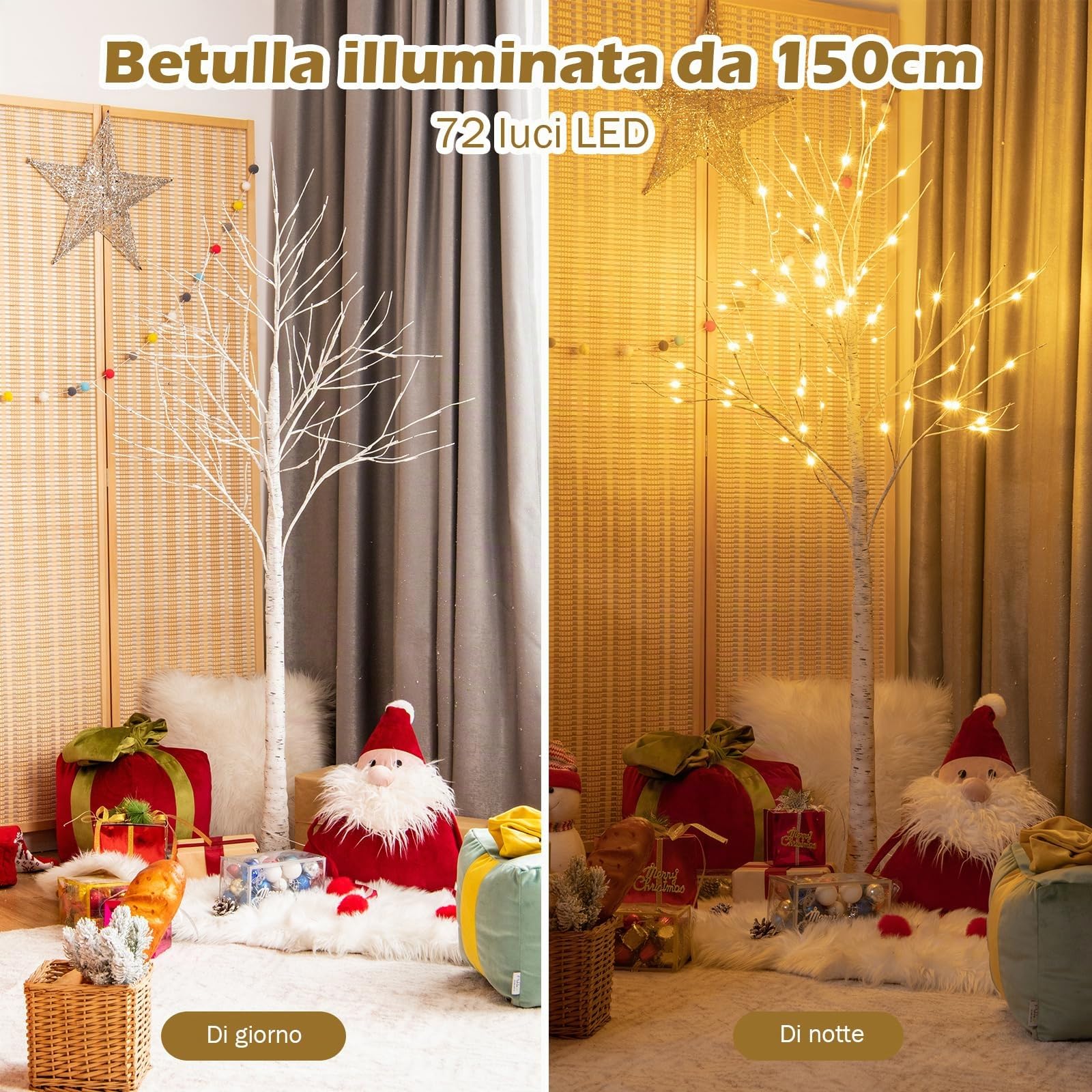 COSTWAY Albero Artificiale Illuminato con Rami di Betulla, Albero di Natale Bianco con Luci LED Calde e Bianche, Decorazione per Interno per Natale Pasqua Matrimonio (150cm)