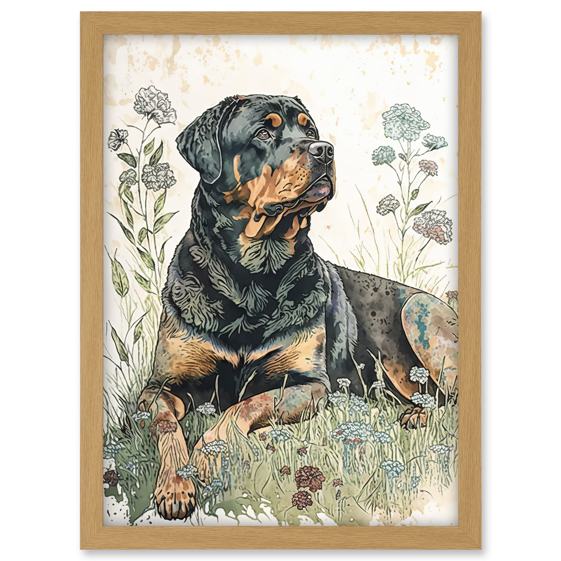 Artery8 Rottweiler Dog Lying in Wildflowers Bright Watercolour Illustration Artwork Framed A3 Wall Art Print