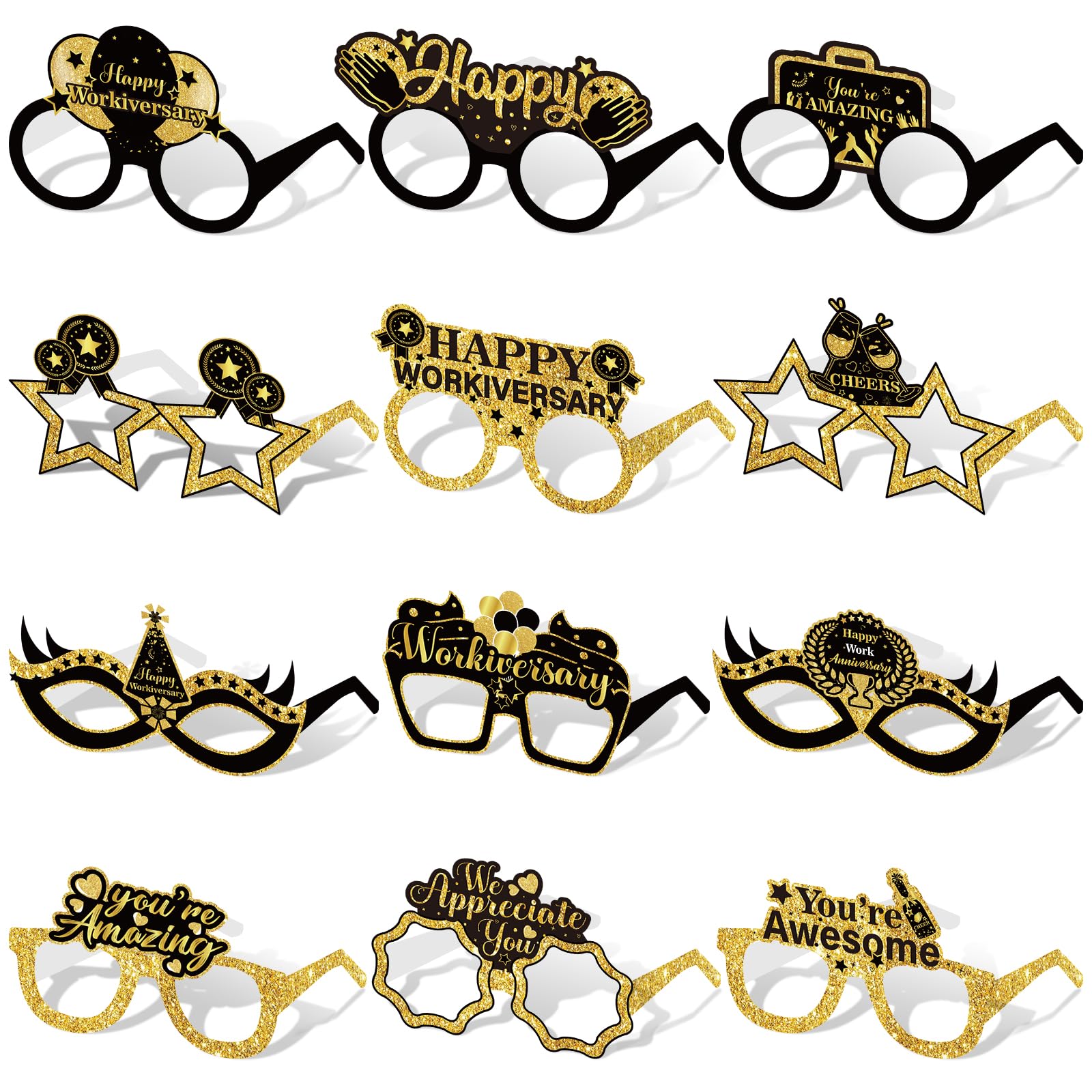 24PCS Happy Work Anniversary Decorations Paper Glasses for Men Women Black Gold We Appreciate You Thank Workiversary Eyeglasses Funny Photo Booth