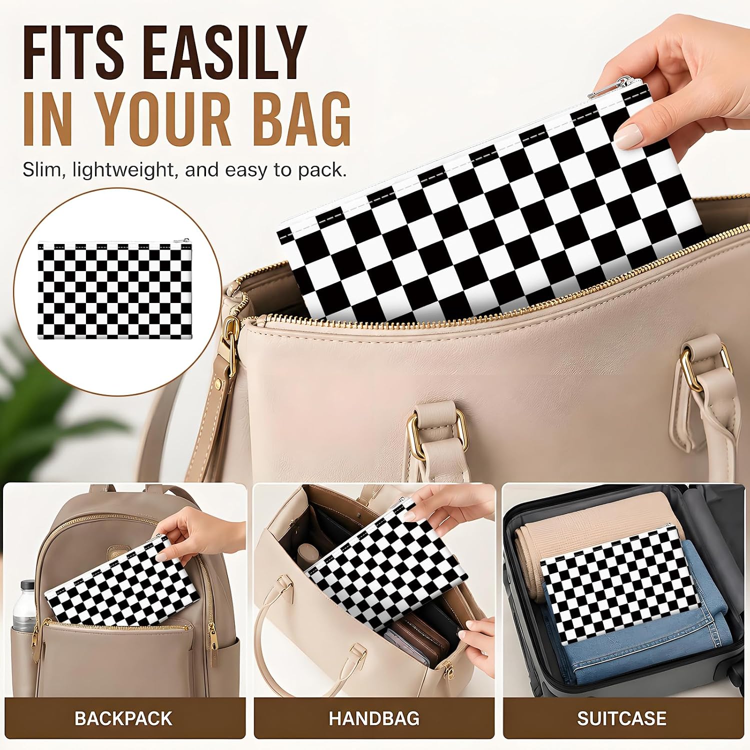 Money Bag with Zipper, Cute PU Leather Cash Bags, Portable Bank Bag Money Pouch for Cash, Coins, Checks, Receipts, Invoices Cosmetics Tools, Deposit Bag for Office Travel, Black Checker