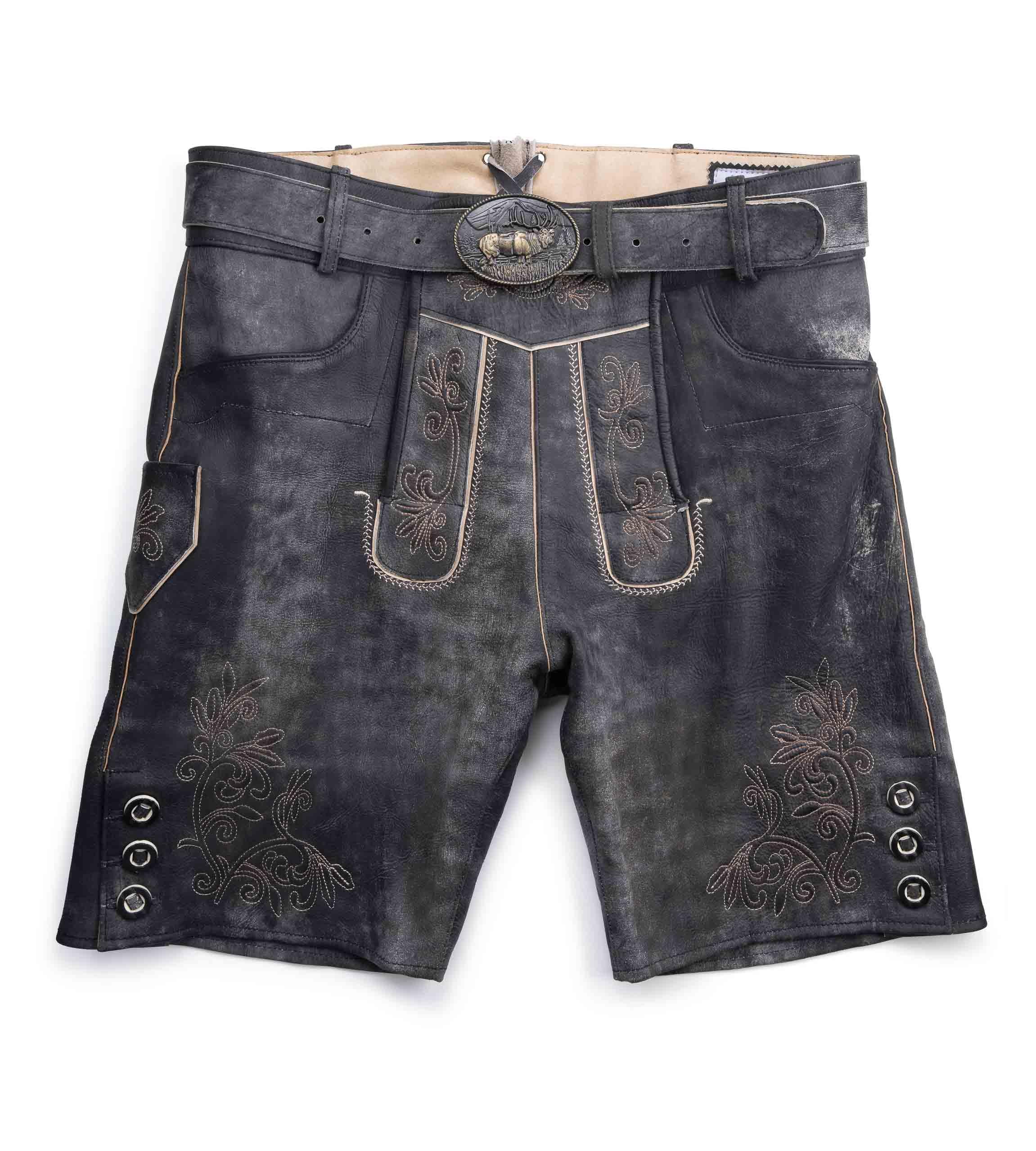 Schöneberger Trachten Couture Herren Lederhose kurz mit Trachtengürtel, Trachtenlederhose für Oktoberfest, Original Nubuk-Leder, Wolfsklamm
