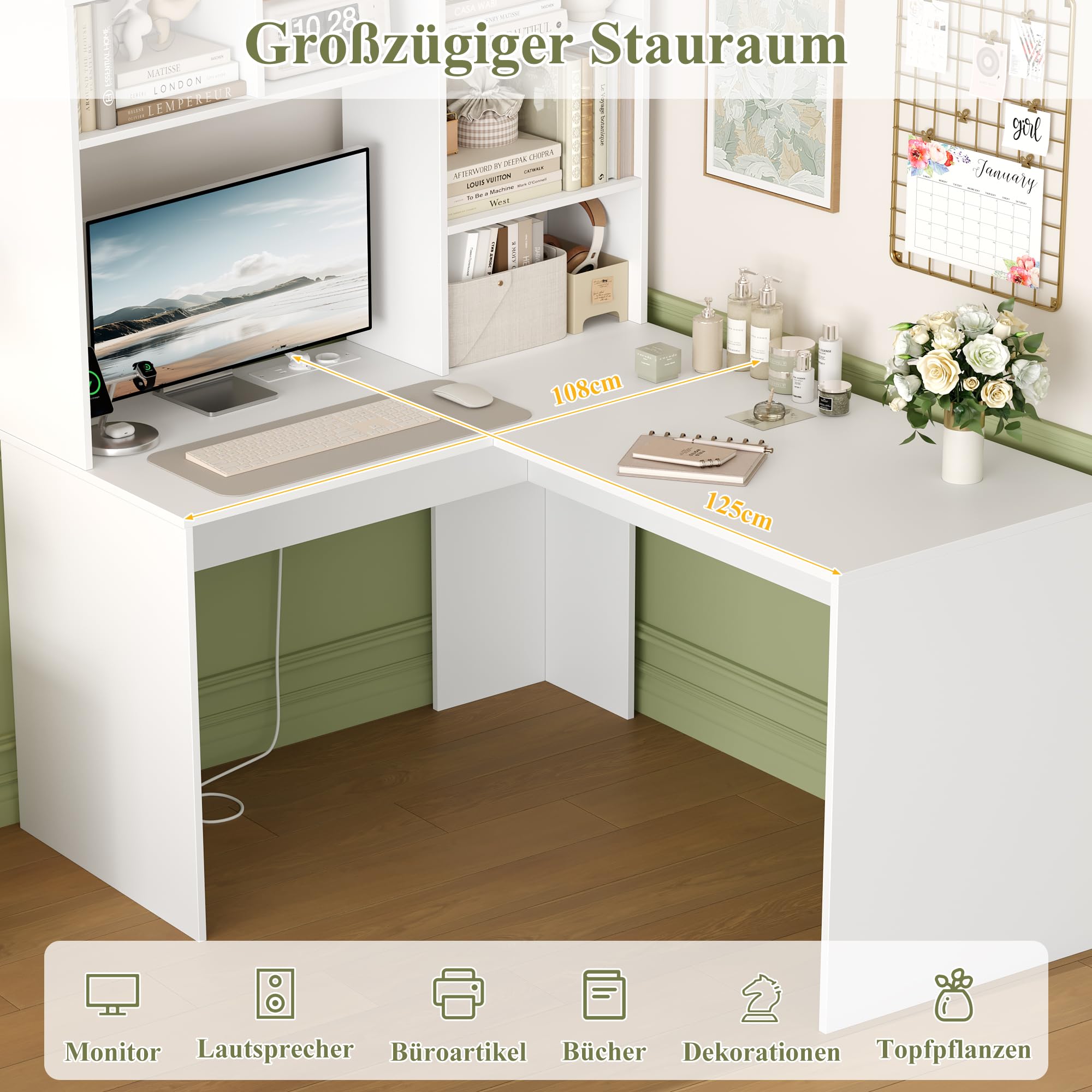 FirFurd Eckschreibtisch mit Steckdosenleiste, Schreibtisch L Form, weiß | Schreibtisch mit Stauraum, Computertisch mit Bücherregal, Eckschreibtisch für Homeoffice, Büro, Arbeitszimmer, 153x125x108cm