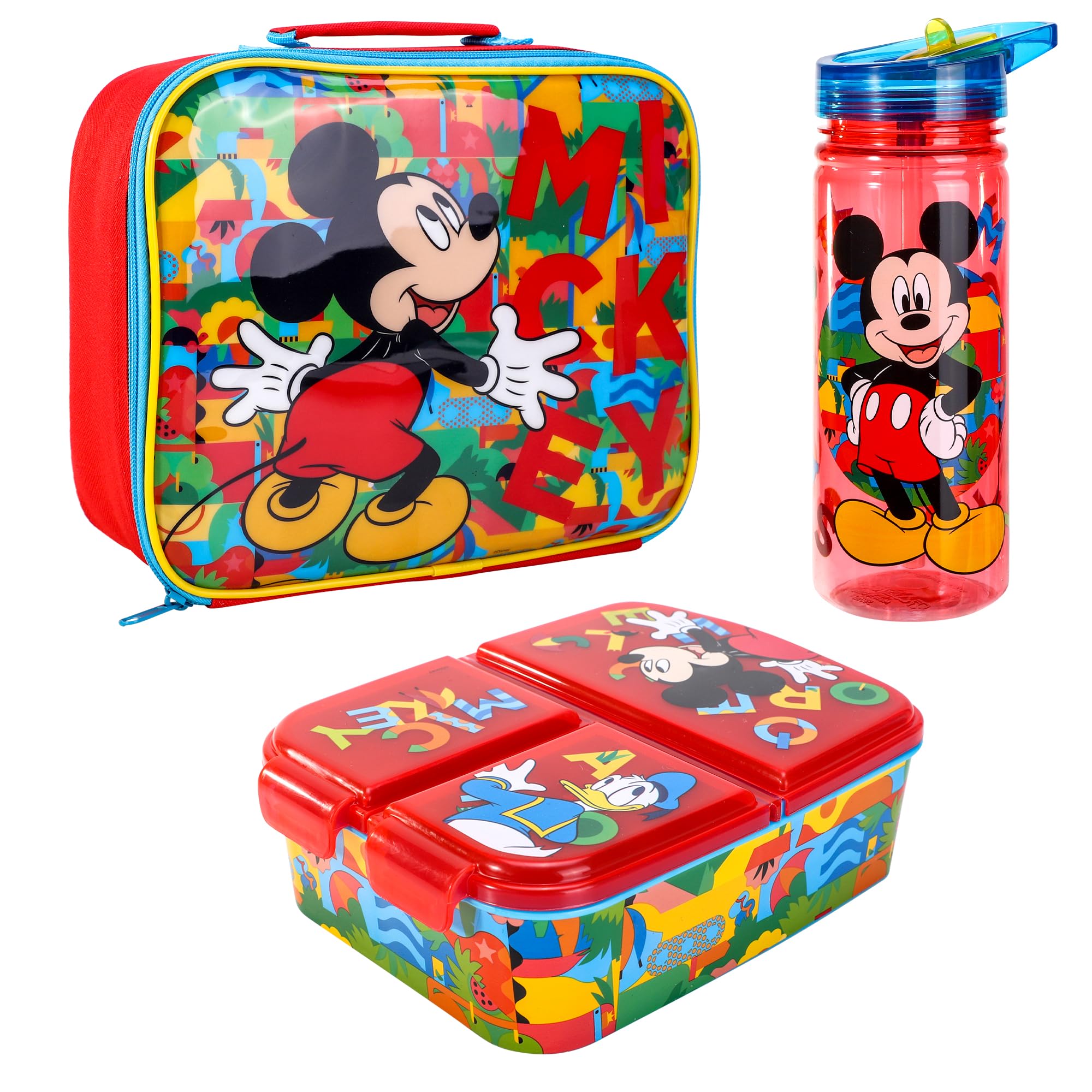 Disney Mickey Mouse Kids Childrens Lunch Box Set – Insulated Lunch Bag, Multicompartment Lunch Box & 580ml Water Bottle - School Travel Lunch Food Set, BPA Free