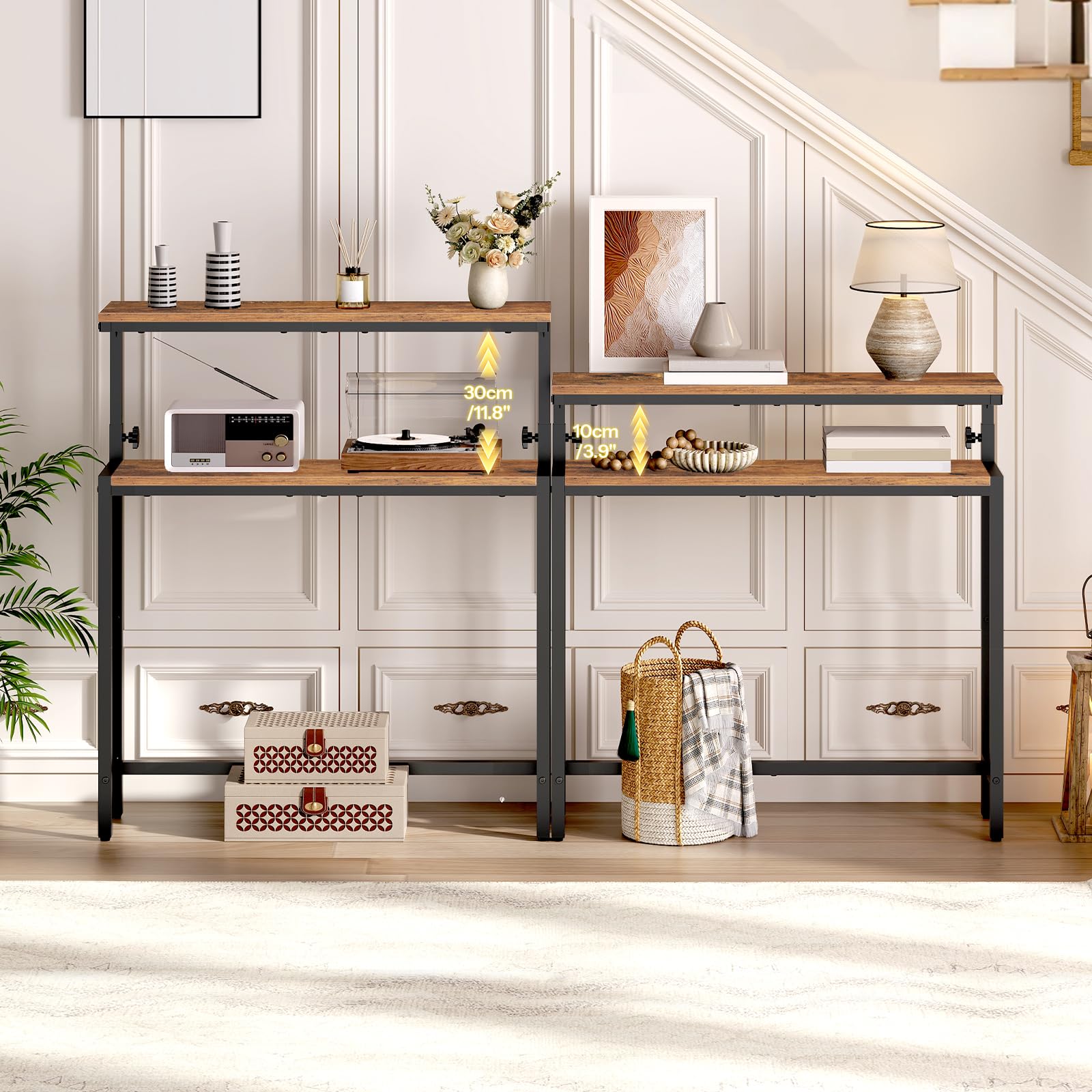 HOOBRO Lot de 2, Table d’Entrée à 2 Niveaux, Table de Canapé de Style Industriel, pour Petits Espaces, Couloir Étroit, Salon, Hauteur Réglable de 80 à 100 cm, Marron Rustique et Noir EBF96XGP201