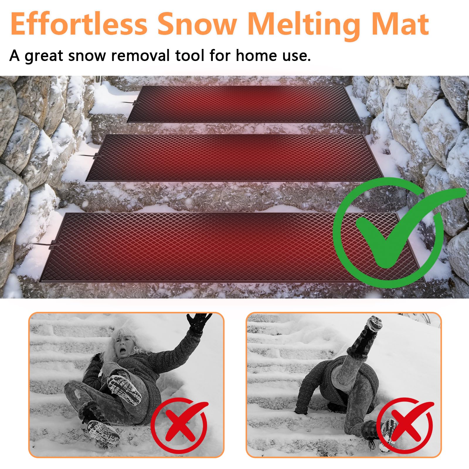 36 * 150cm Beheizte Schneeschmelzmatte, Beheizbare Schnee und Eisschmelzmatten mit 1,5m Netzkabel, Doppelseitig Rutschfeste, Schneeschmelzende Heizmatten für Treppen Gehwege Außenbereich im Winter