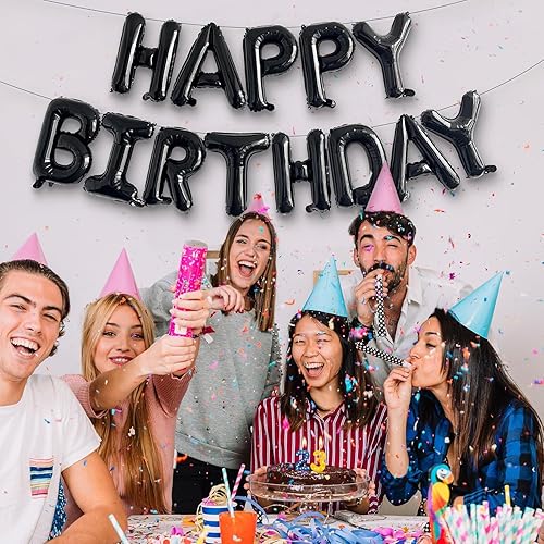 Miniatura 2 de HOUSE OF PARTY Globo de feliz cumpleaños  16 pulgadas  Cartel de globos de cumpleaños de papel de aluminio de Mylar negro, decoraciones de fiesta