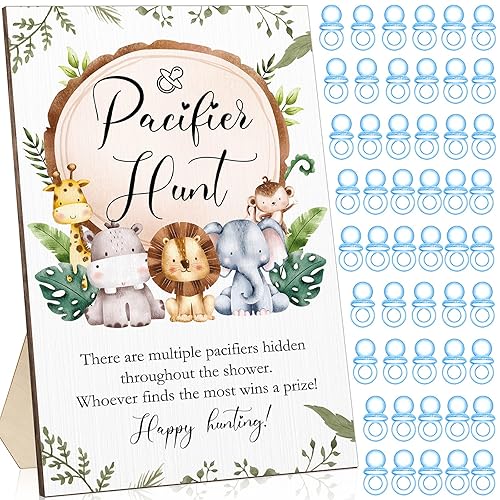 Roowest Juego de 51 piezas de chupete de caza para baby shower, incluye letrero de caza de madera y 50 mini chupetes de plástico acrílico para baby