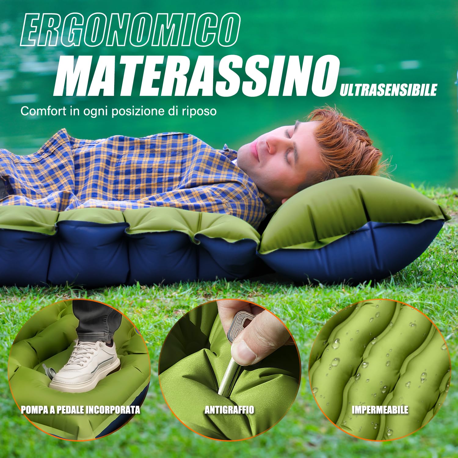 Yuzonc Materassino Campeggio Autogonfiante, Ultraleggero Materasso Gonfiabile Campeggio con Cuscino, Portatile Materassino Autogonfiabile per Escursionismo, Trekking, Tenda