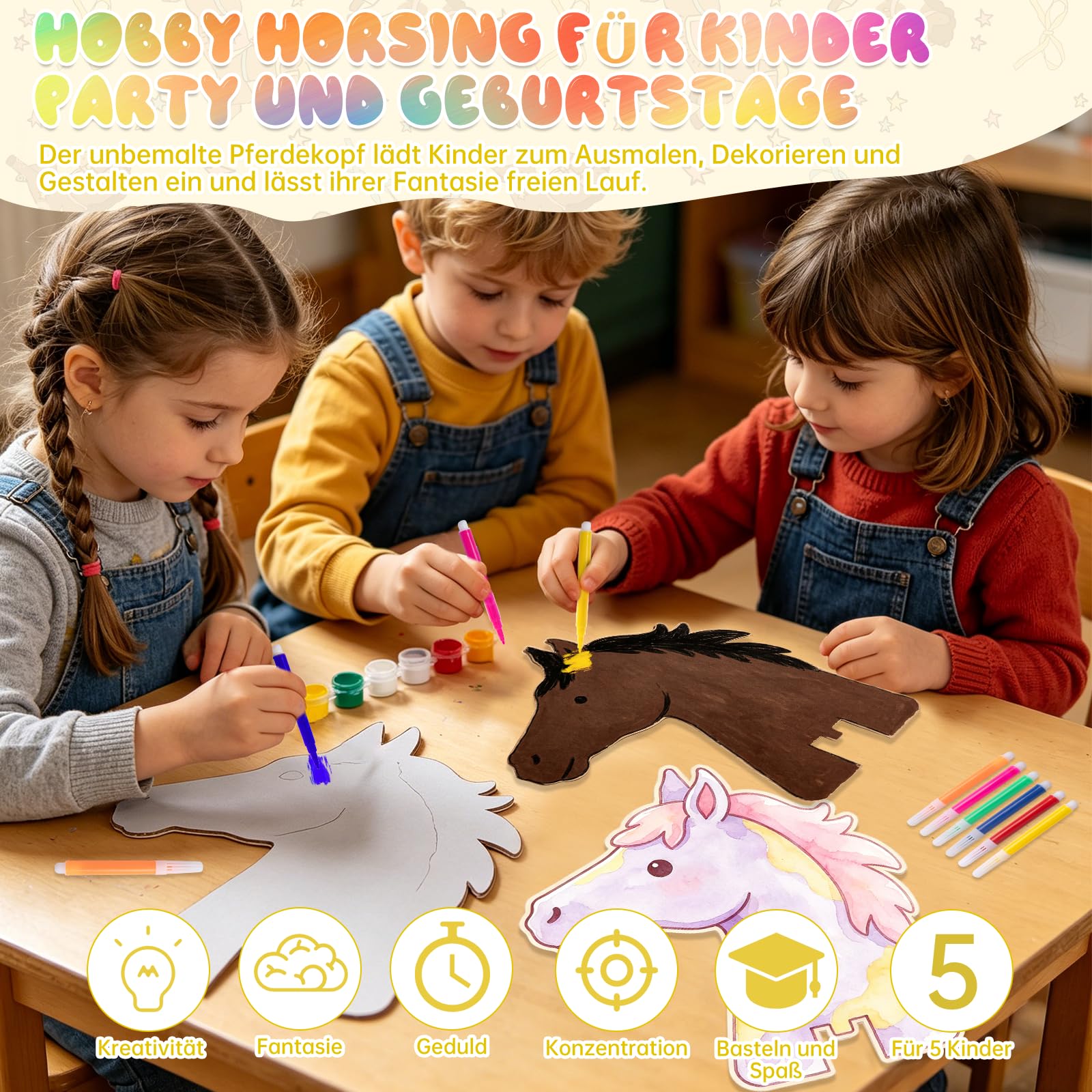 YYSWSAKY 5 Stück Steckenpferde aus Pappe | Pferde Bastelset zum Zusammenstecken | zum Bemalen und Bekleben | Steckenpferd Bastelset mit Halfter und Pinsel | DIY Handwerk für Jungen und Mädchen