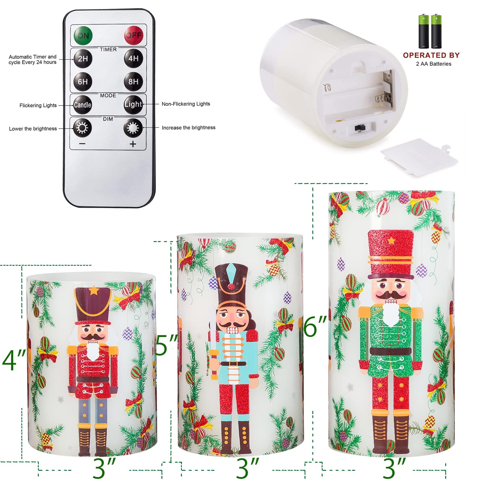 Flameless Christmas Candles With Remote - Battery Operated LED Pillar Candles With Timer & Nutcracker Design