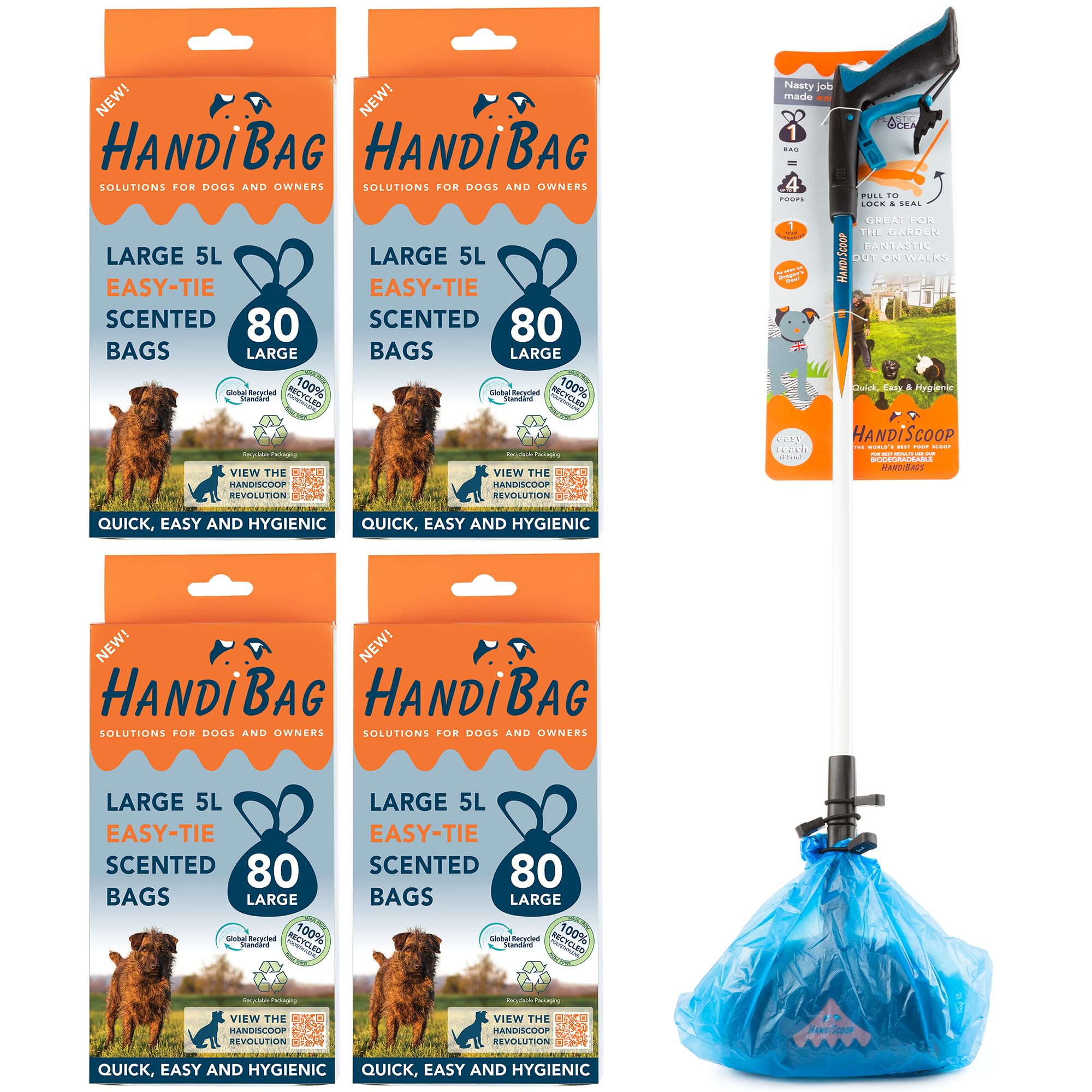 HandiScoop Easy Reach Dog Pooper Scooper with Long Handle and Easy to use Trigger 85cm / 33”, Big Handheld Dog poop scoop (Unit + 4 Bags)