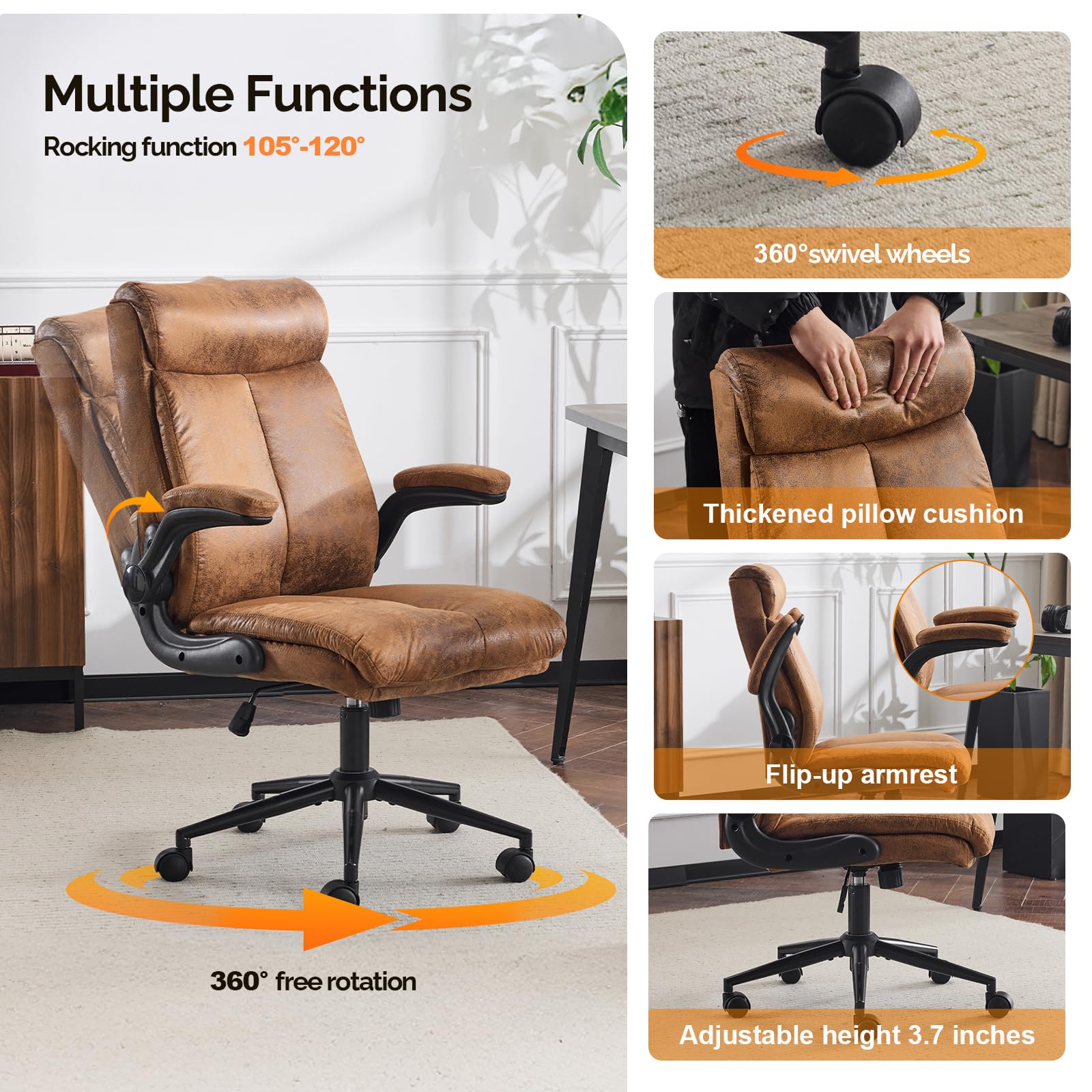 Bonnlo Ergonomischer Bürostuhl, Schreibtischstuhl mit hochklappbarer Armlehne, Computerstuhl, Drehstuhl, Wippfunktion 105°-120°, Höhenverstellbar, Drehbar, 150KG Belastbarkeit (Mikrofaser, Braun)