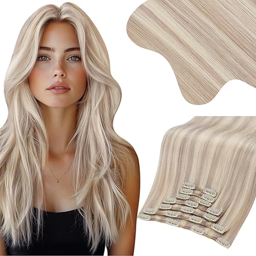 Moresoo Clip in Hair Extensions Real Human Hair Ash Blonde with Bleach Blonde Highlight Clip in Extensions for Short Thick Hair 16inch 135g 7pcs