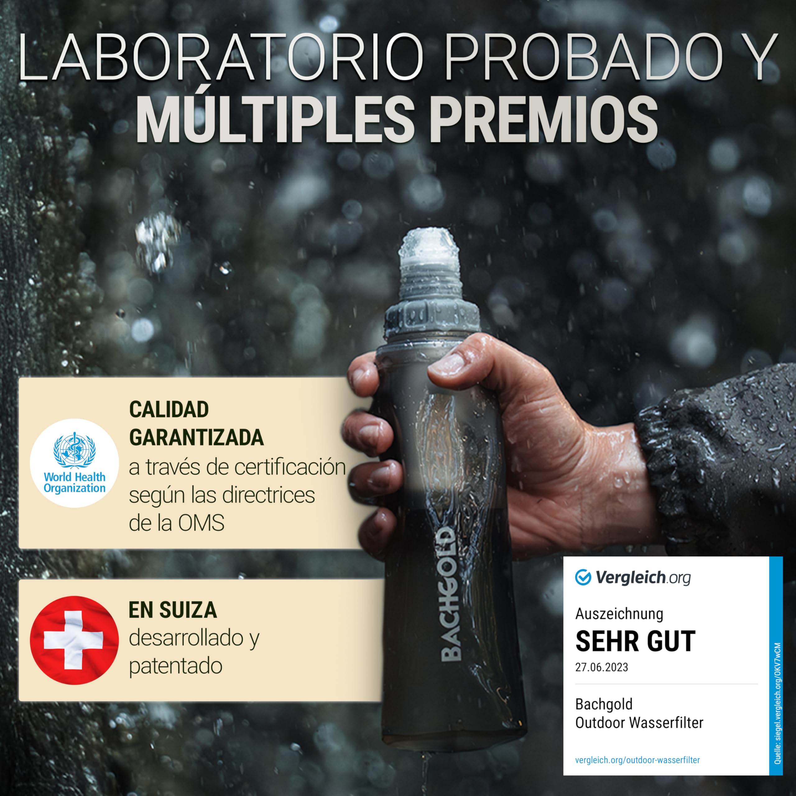 Bachgold® Squeeze Botella con Filtro de Agua – Filtro Agua Supervivencia Ultraligero | Potabilizador de Agua que Filtra Virus, Bacterias y Microplásticos | Outdoor (Gris, 1000ml)